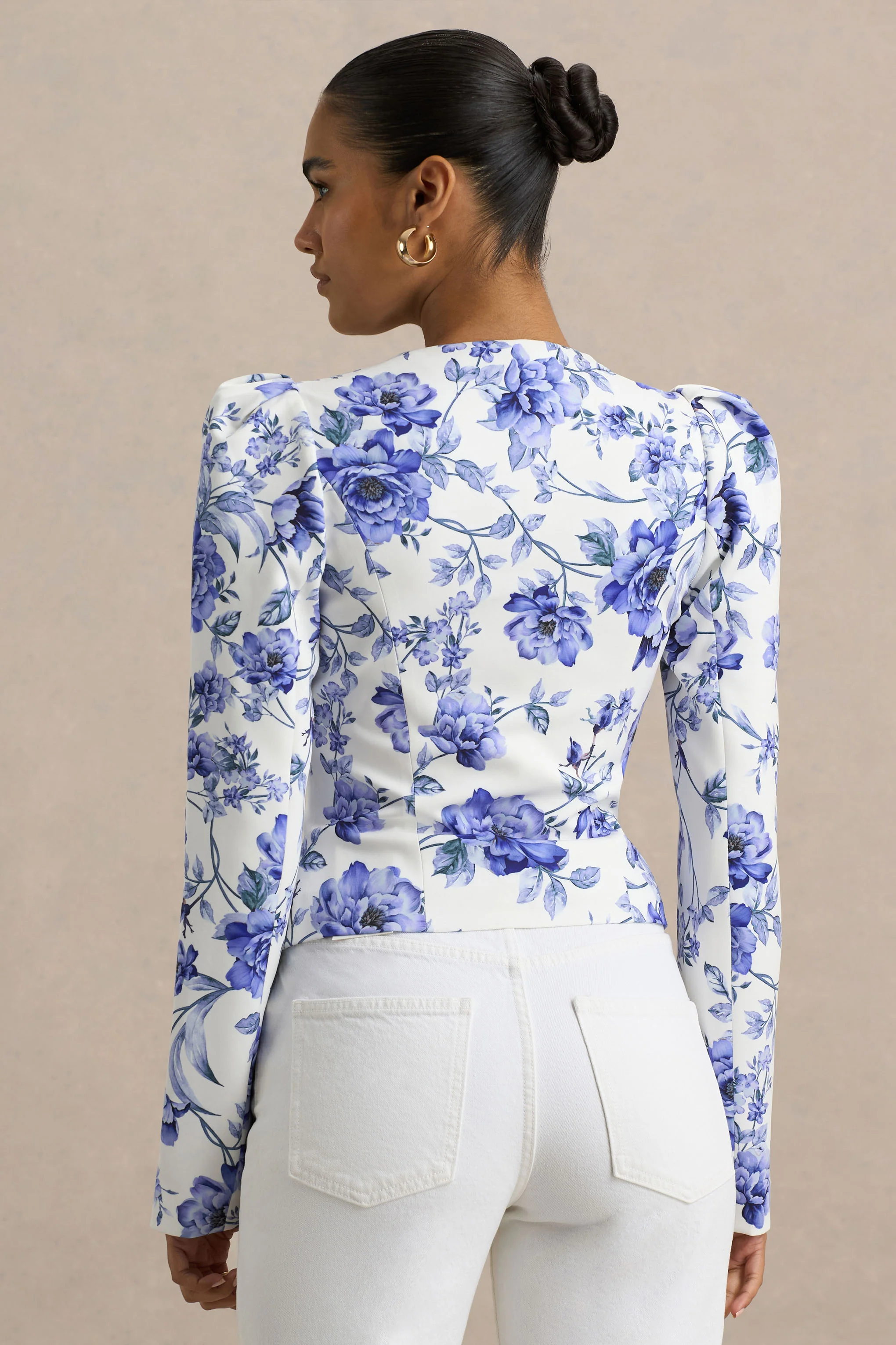 Olympia | Blue Floral Print Sweetheart-Neck Tailored Top - Image 2