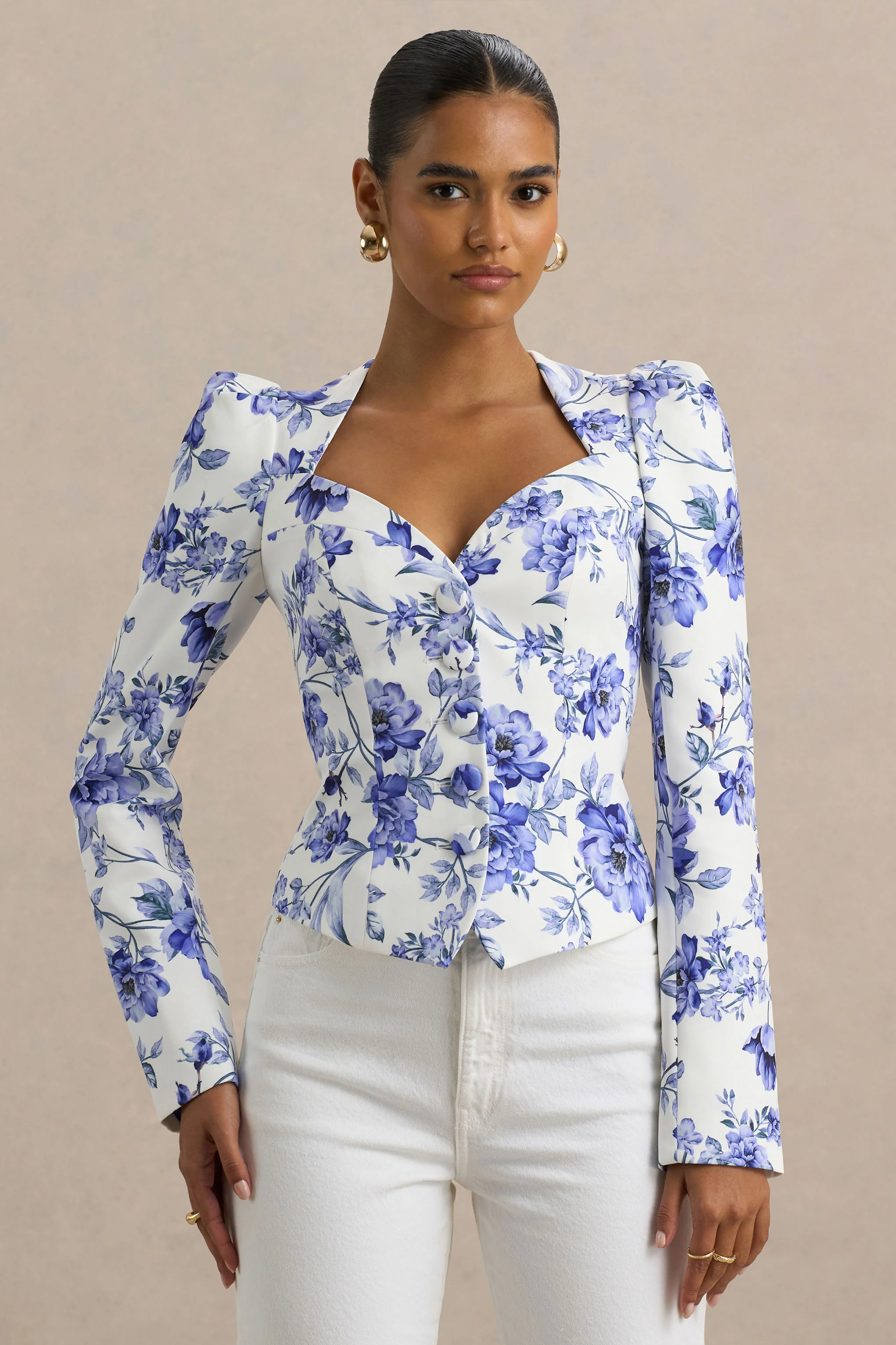 Olympia | Blue Floral Print Sweetheart-Neck Tailored Top - Image 3