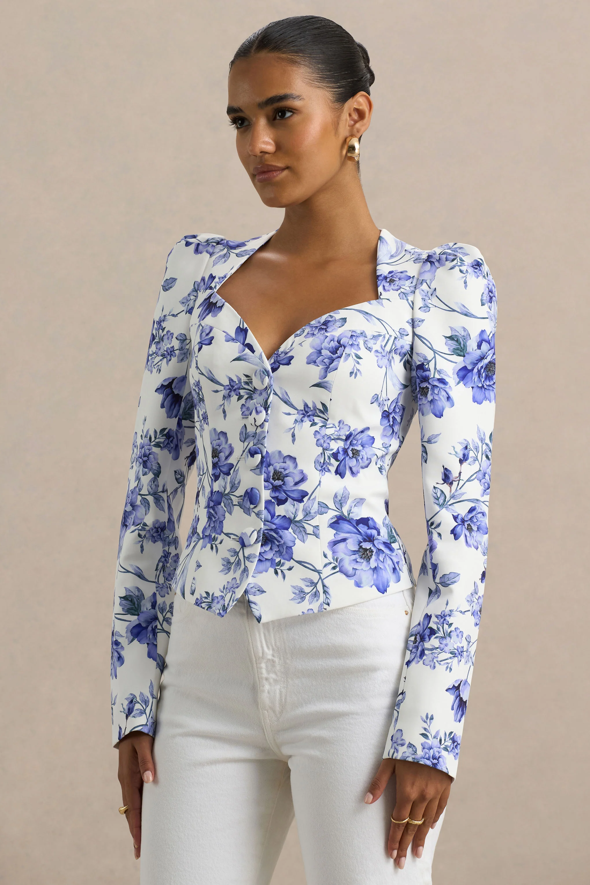 Olympia | Blue Floral Print Sweetheart-Neck Tailored Top - Image 4