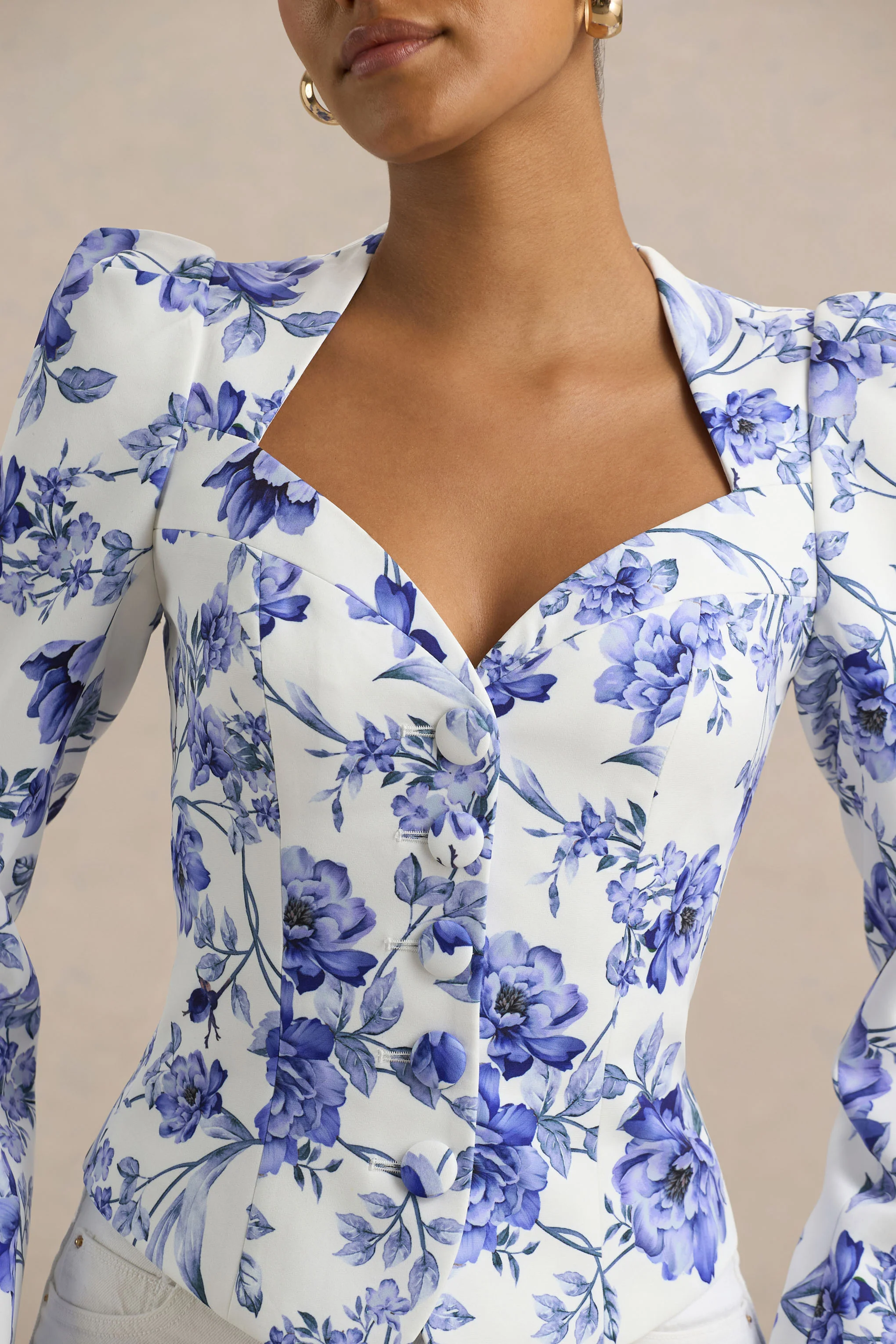 Olympia | Blue Floral Print Sweetheart-Neck Tailored Top - Image 5