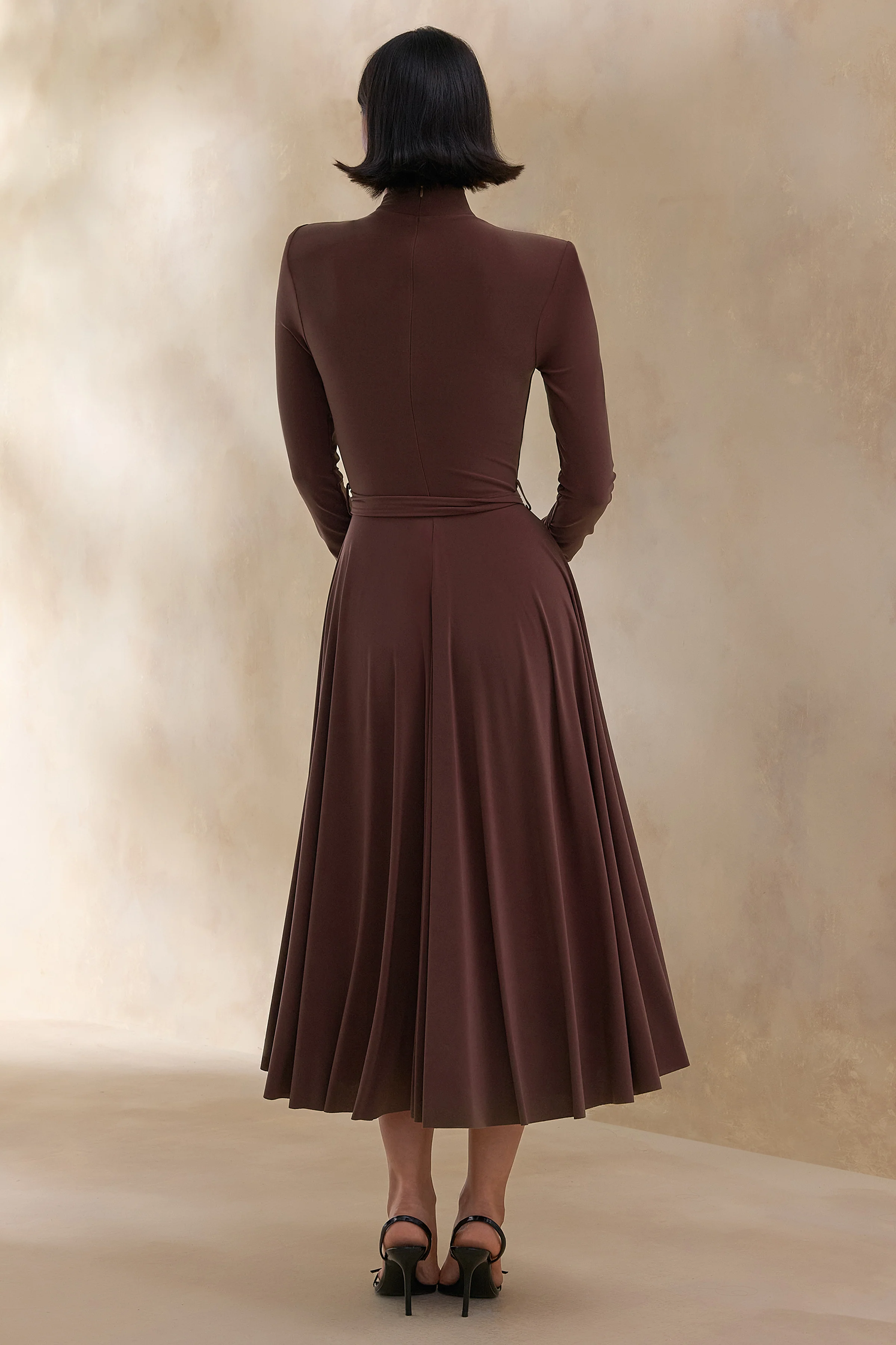 Opalia | Brown High-Neck Belted Midi Dress - Image 2