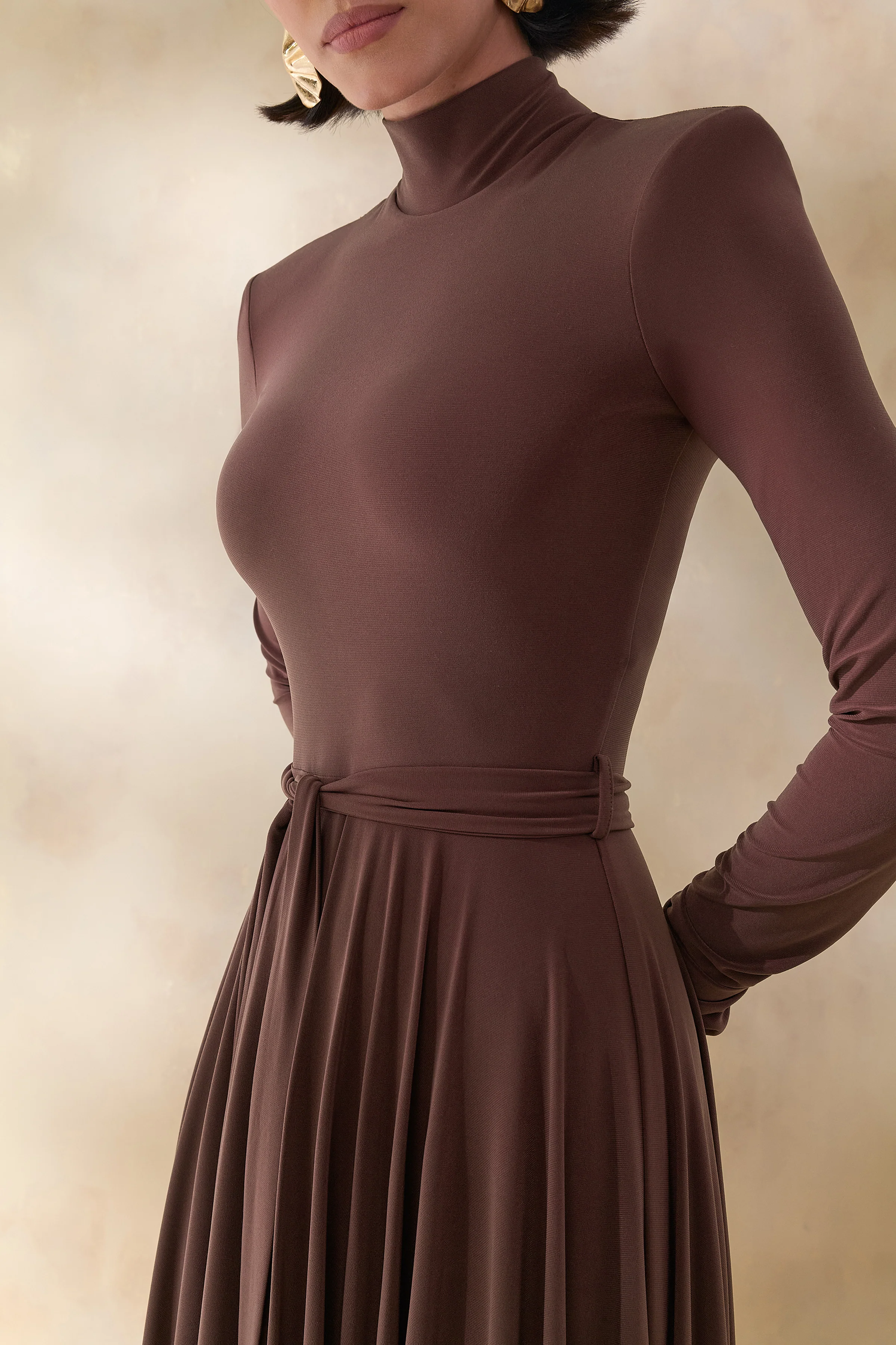 Opalia | Brown High-Neck Belted Midi Dress - Image 3