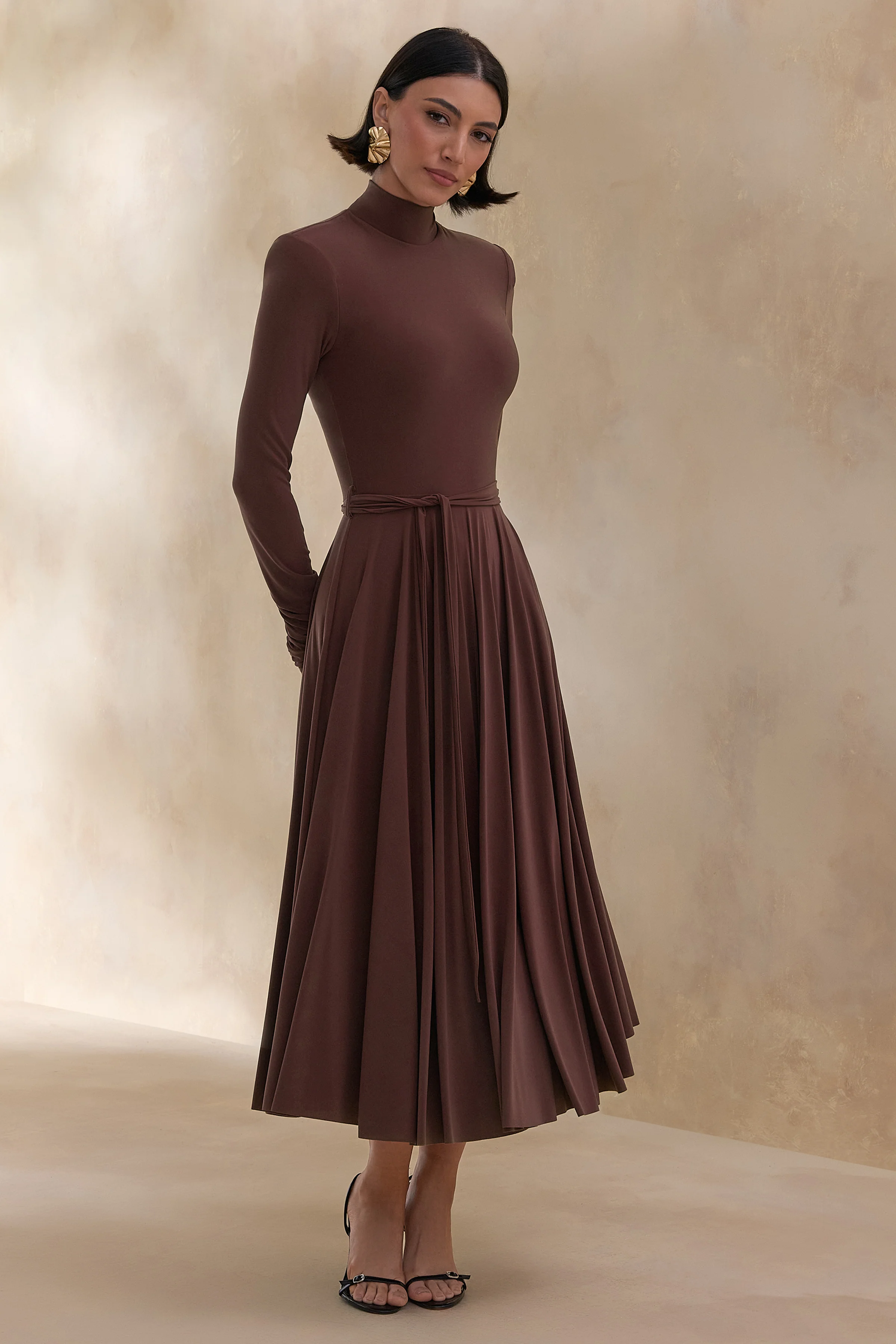 Opalia | Brown High-Neck Belted Midi Dress - Image 4