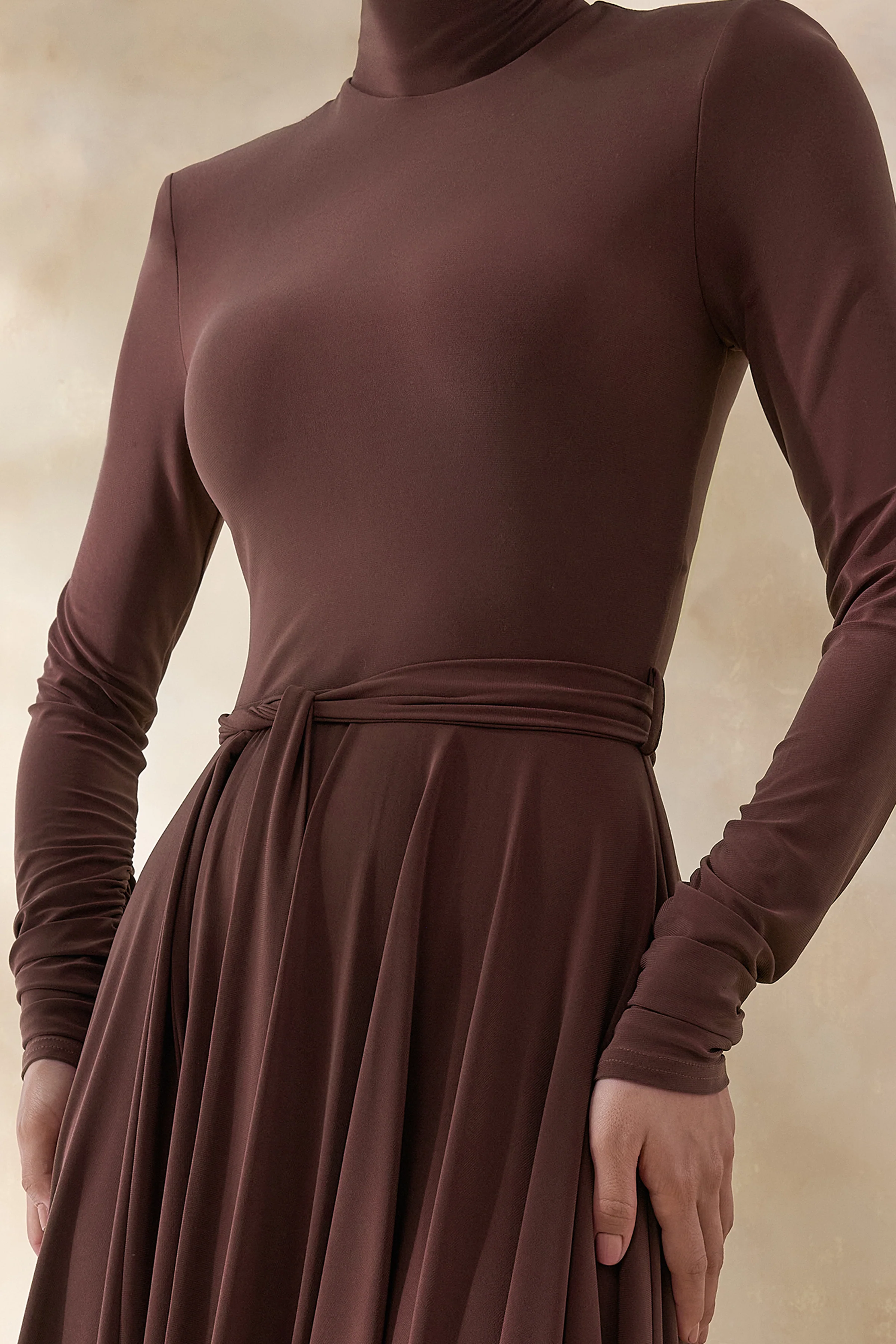 Opalia | Brown High-Neck Belted Midi Dress - Image 7