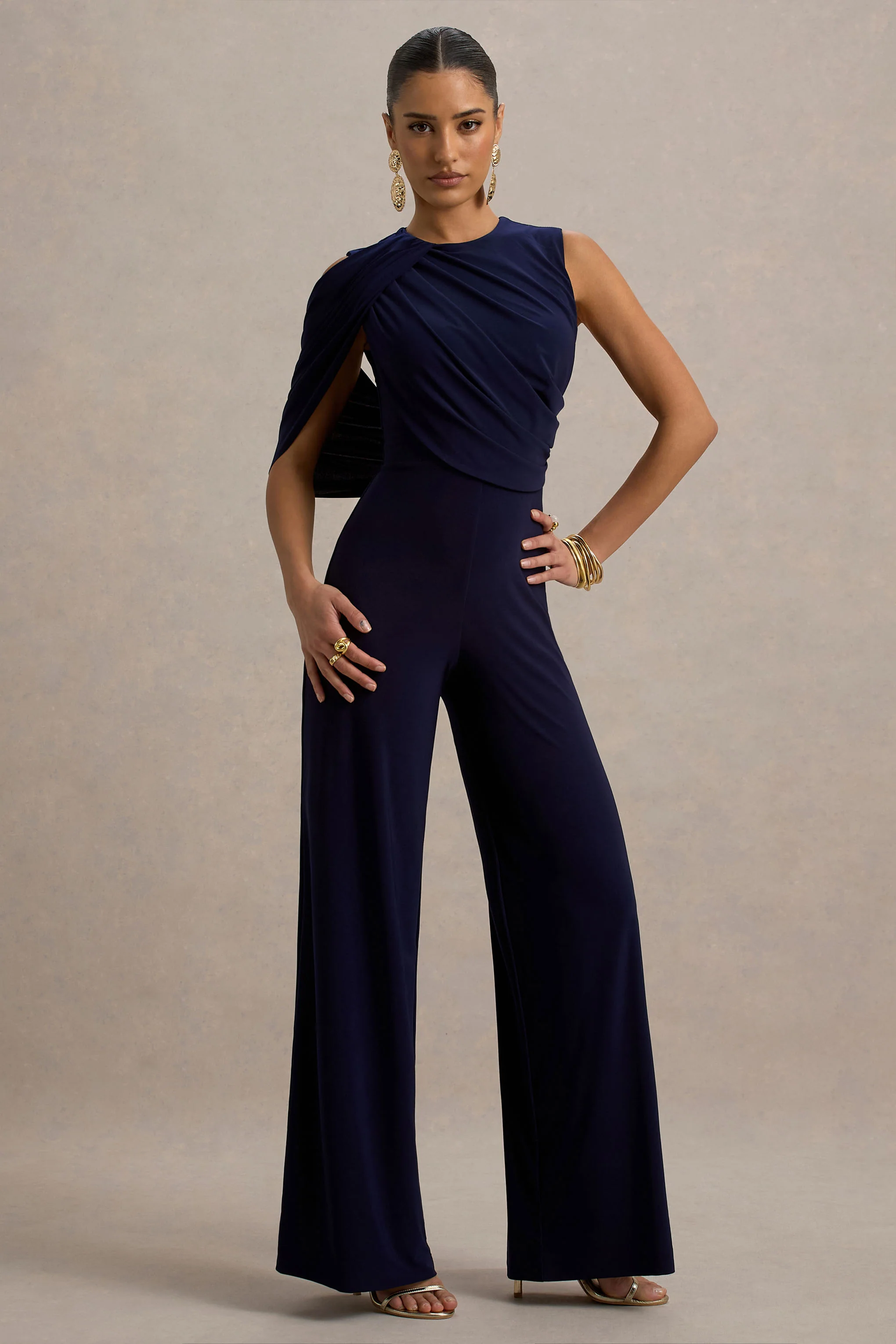 Opulence | Navy Jumpsuit With Cape Sleeve and Draped Details - Image 5