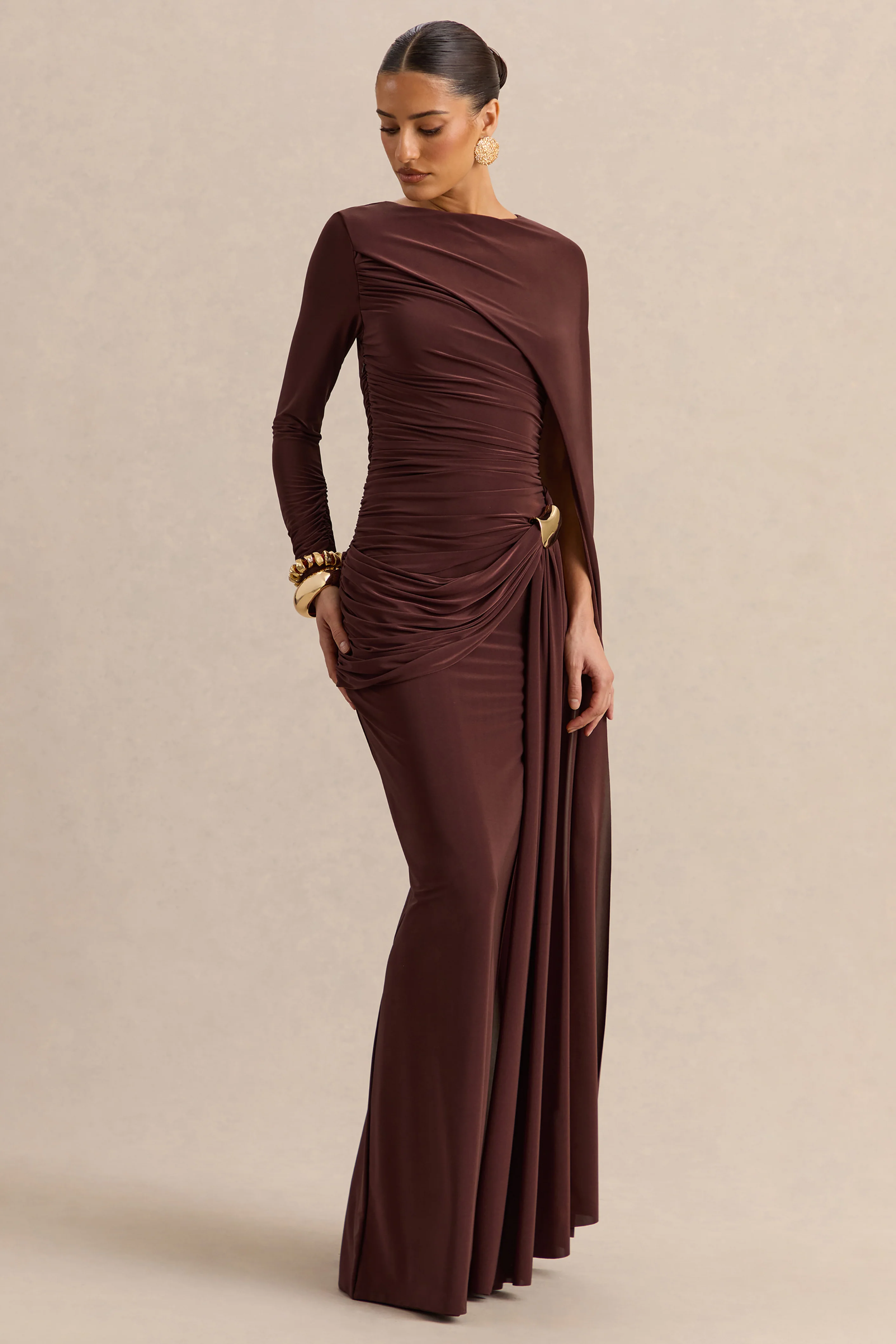 Orintha | Brown Slashed-Neck Maxi Dress With Cape And Gold-Detail - Image 5
