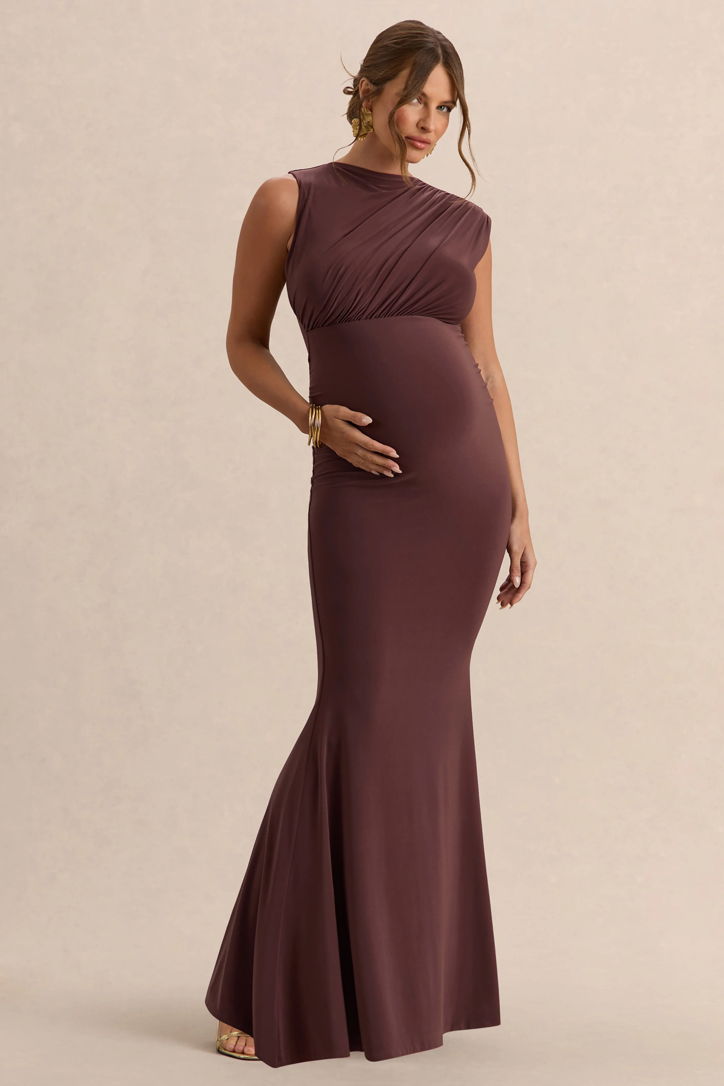Osanna | Dark Brown Wide-Neck Maternity Maxi Dress With Ruched Detailing - Image 4