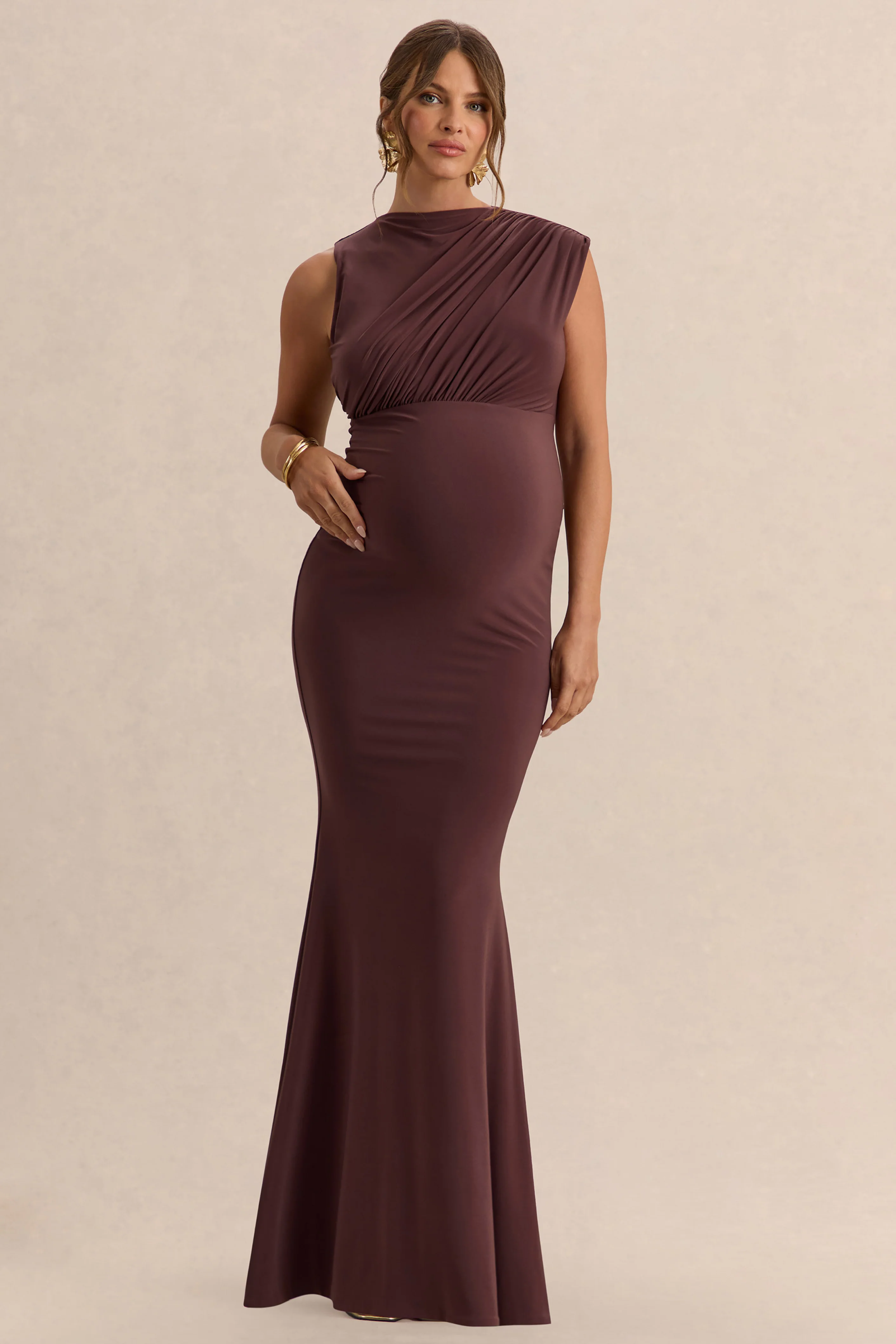 Osanna | Dark Brown Wide-Neck Maternity Maxi Dress With Ruched Detailing - Image 5