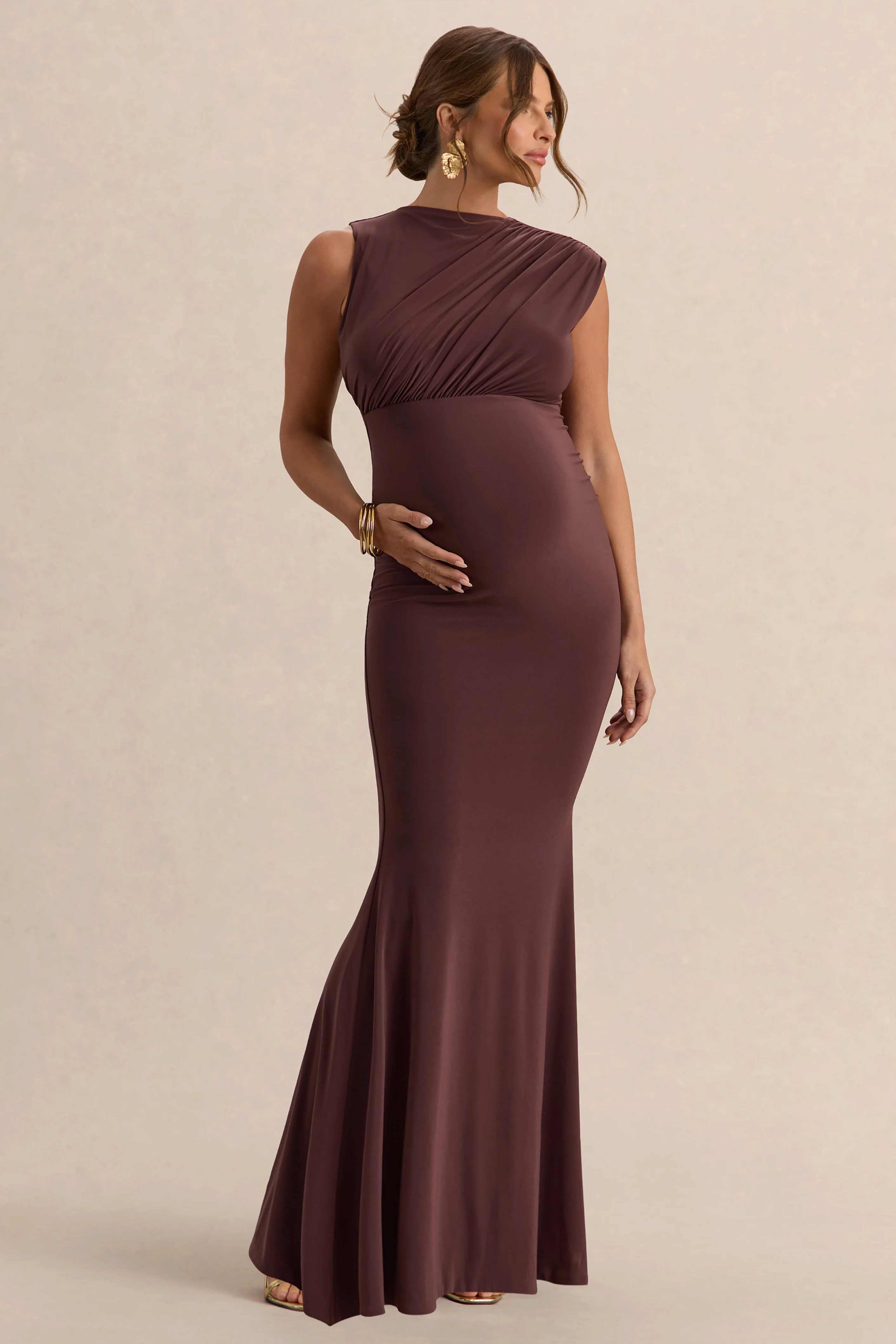 Osanna | Dark Brown Wide-Neck Maternity Maxi Dress With Ruched Detailing - Image 7