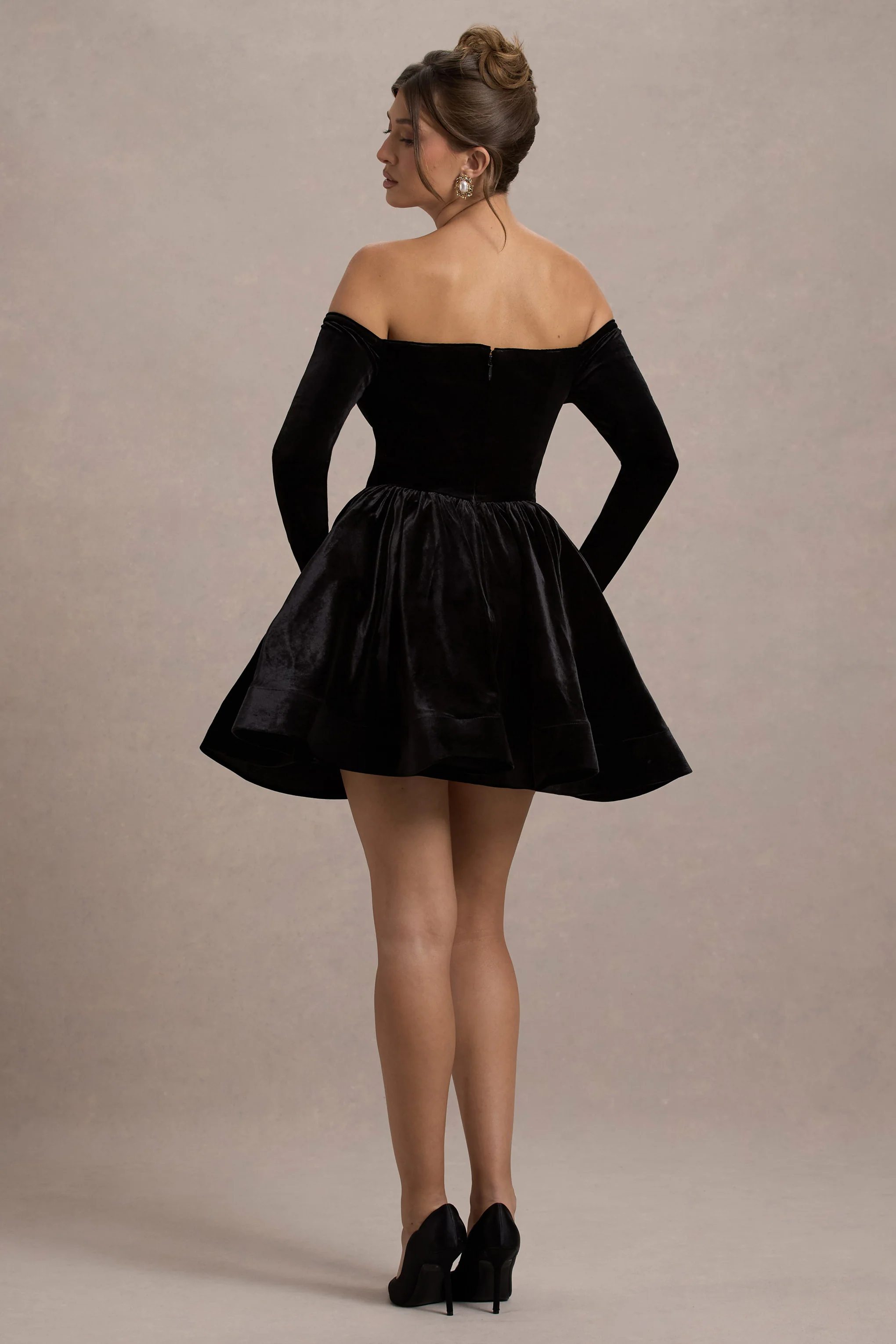 Ottie | Black Velvet Bardot Skater Mini Dress - Image 2
