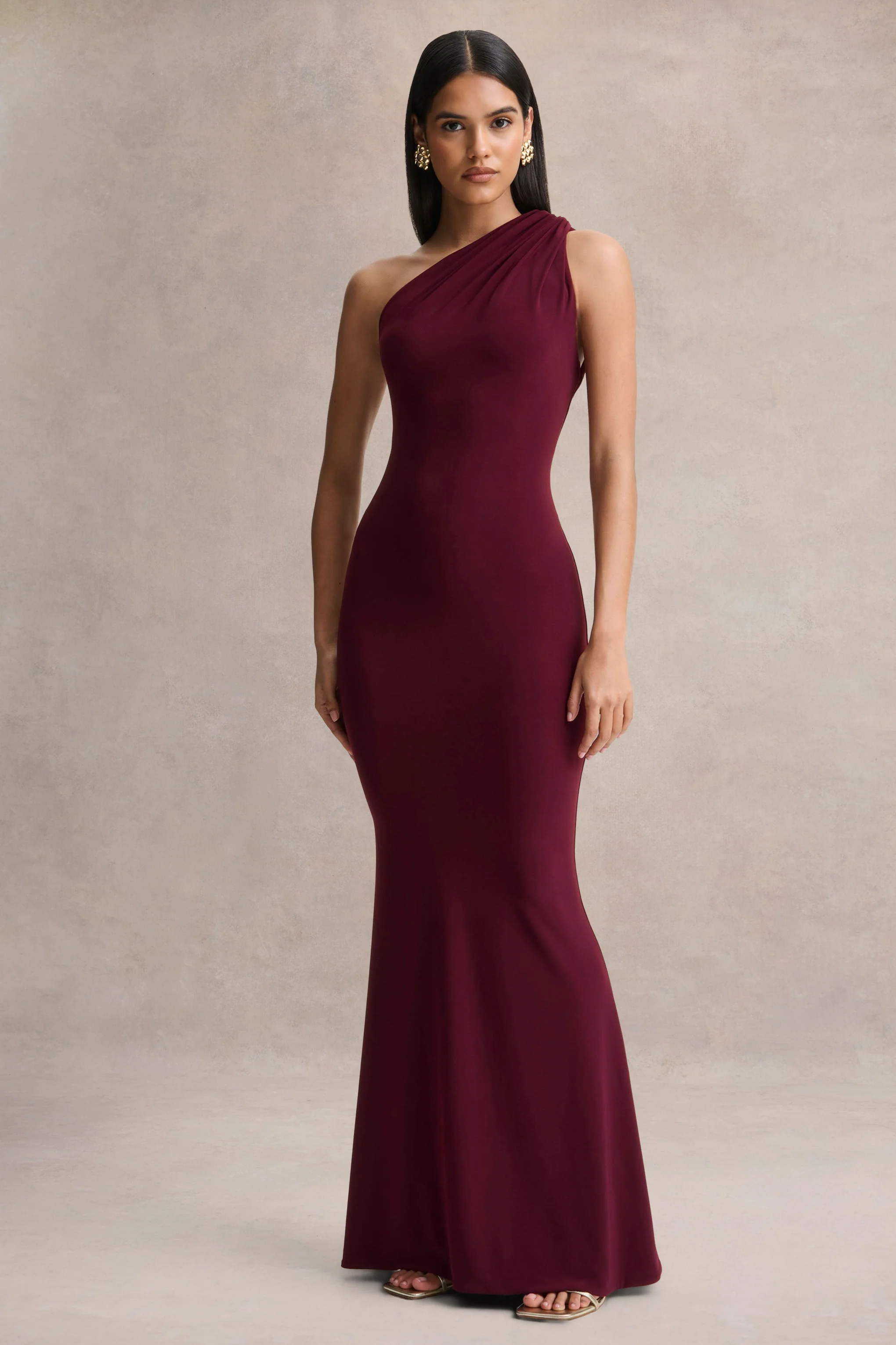 Ottilie | Burgundy Asymmetric-Neck Maxi Dress - Image 4
