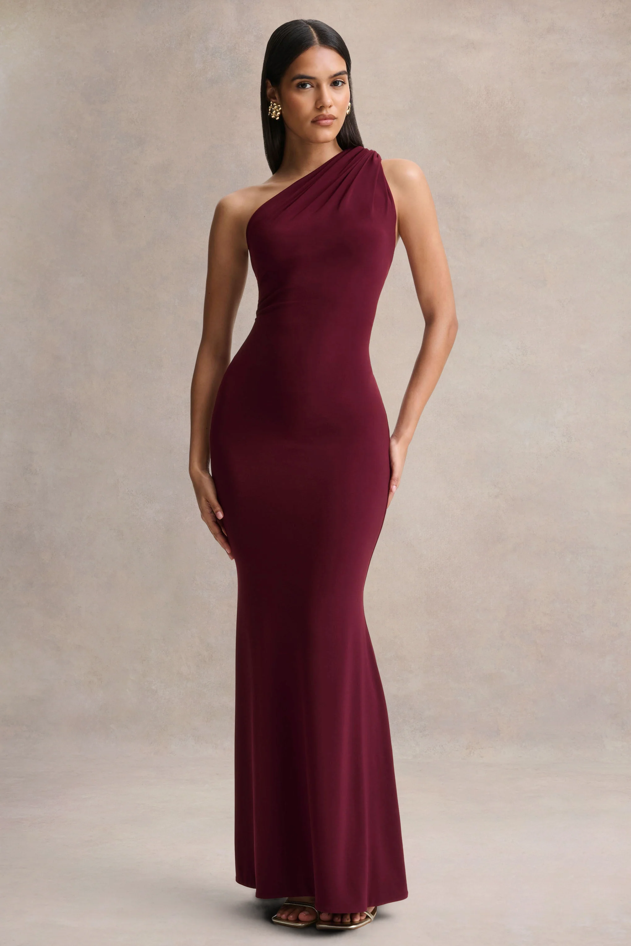 Ottilie | Burgundy Asymmetric-Neck Maxi Dress - Image 6