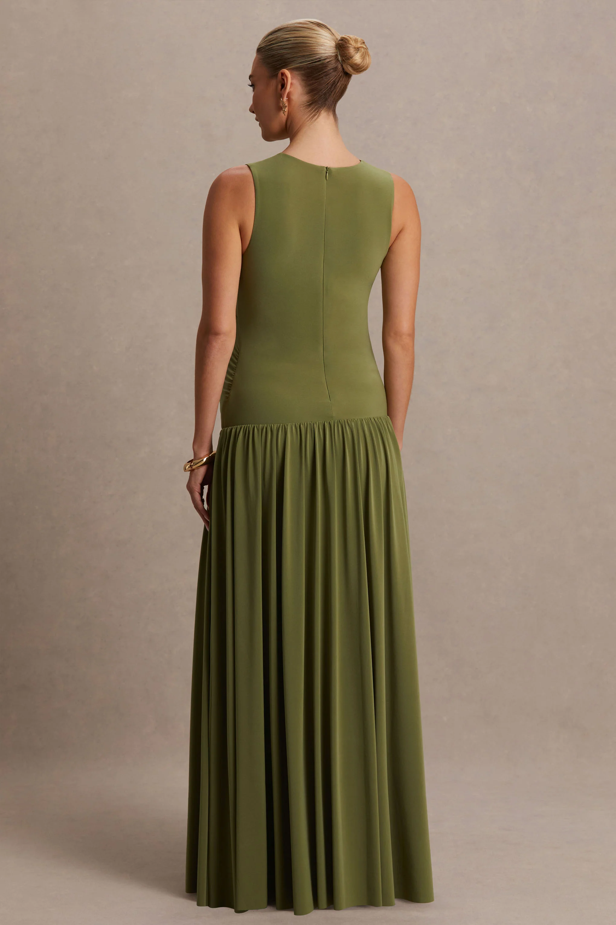 Outline | Olive Crew-Neck Maternity Maxi Dress With Pleated Skirt - Image 2