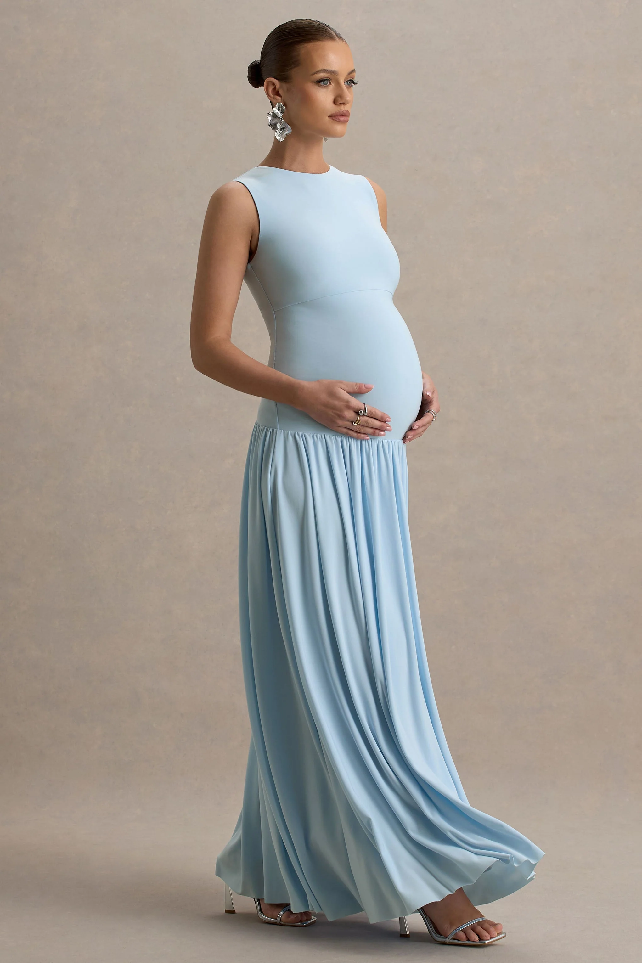 Outline | Powder Blue Crew-Neck Maternity Maxi Dress With Pleated Skirt - Image 4