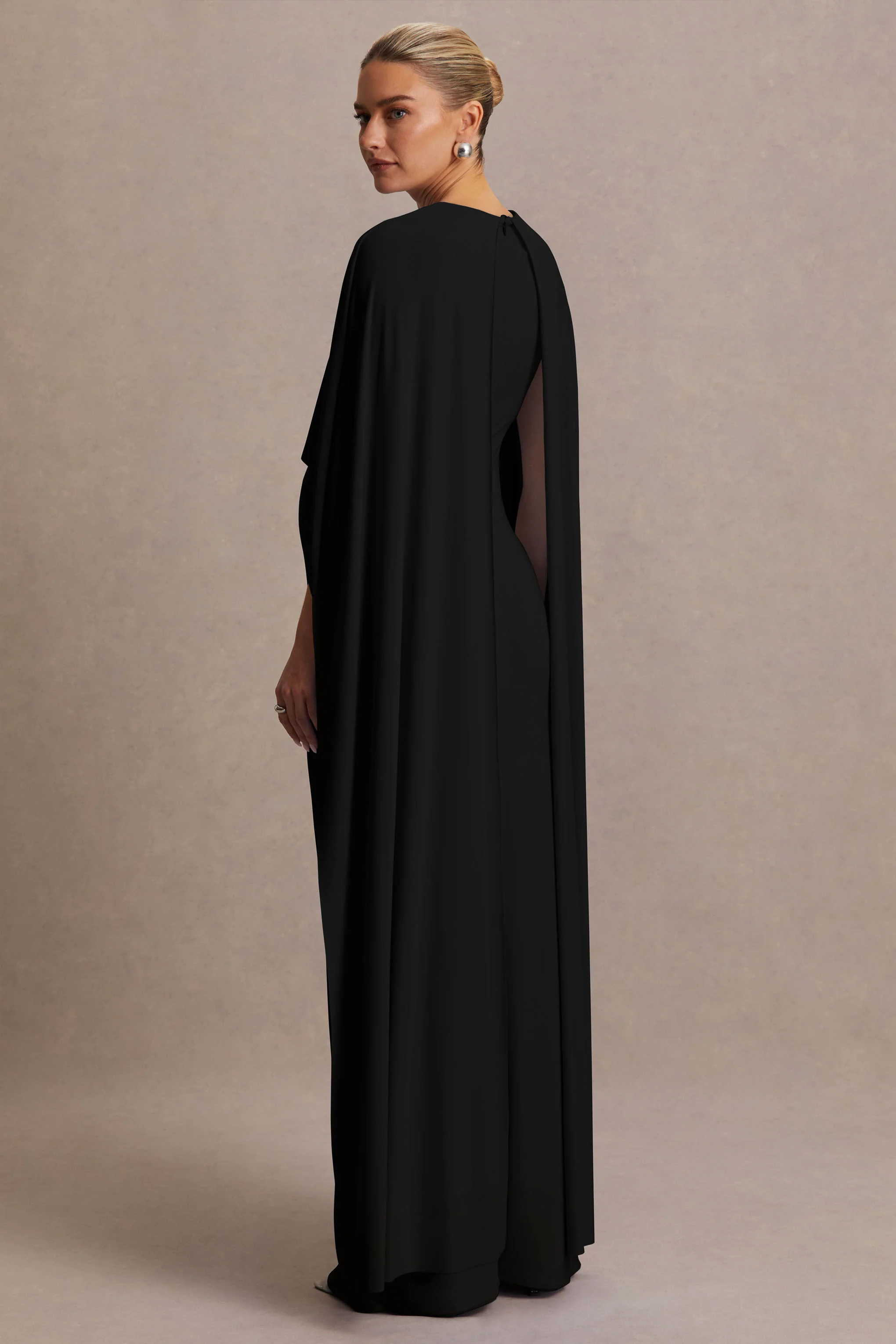 Padma | Black Draped Maternity Maxi Dress With Cape Sleeves - Image 2