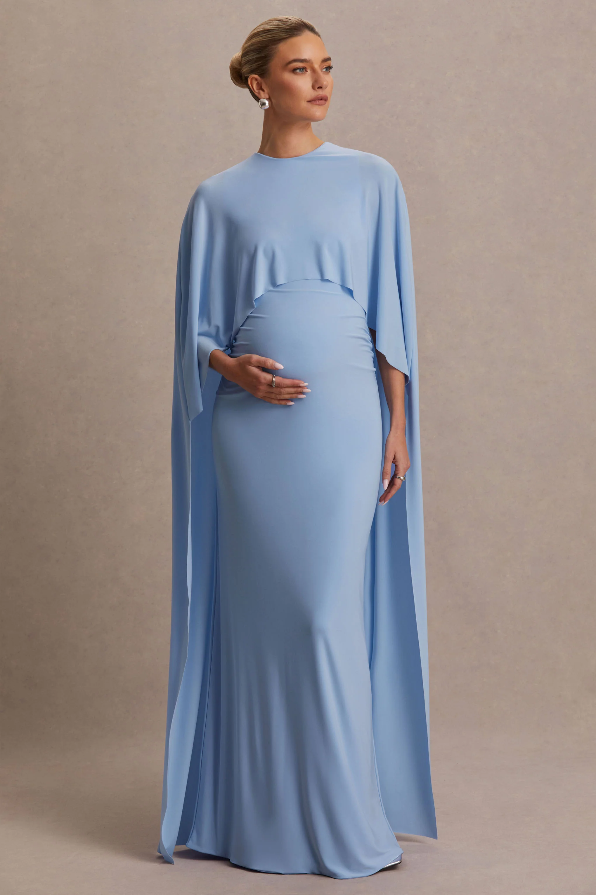 Padma | Powder Blue Draped Maternity Maxi Dress With Cape Sleeves - Image 4