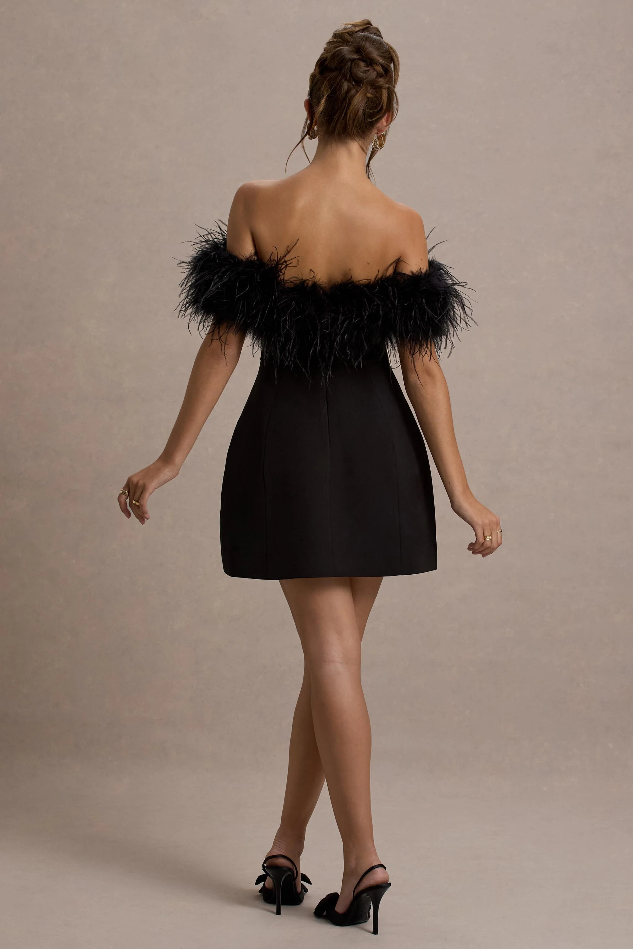 Palace | Black Bardot Mini Dress With Feather Trim - Image 2
