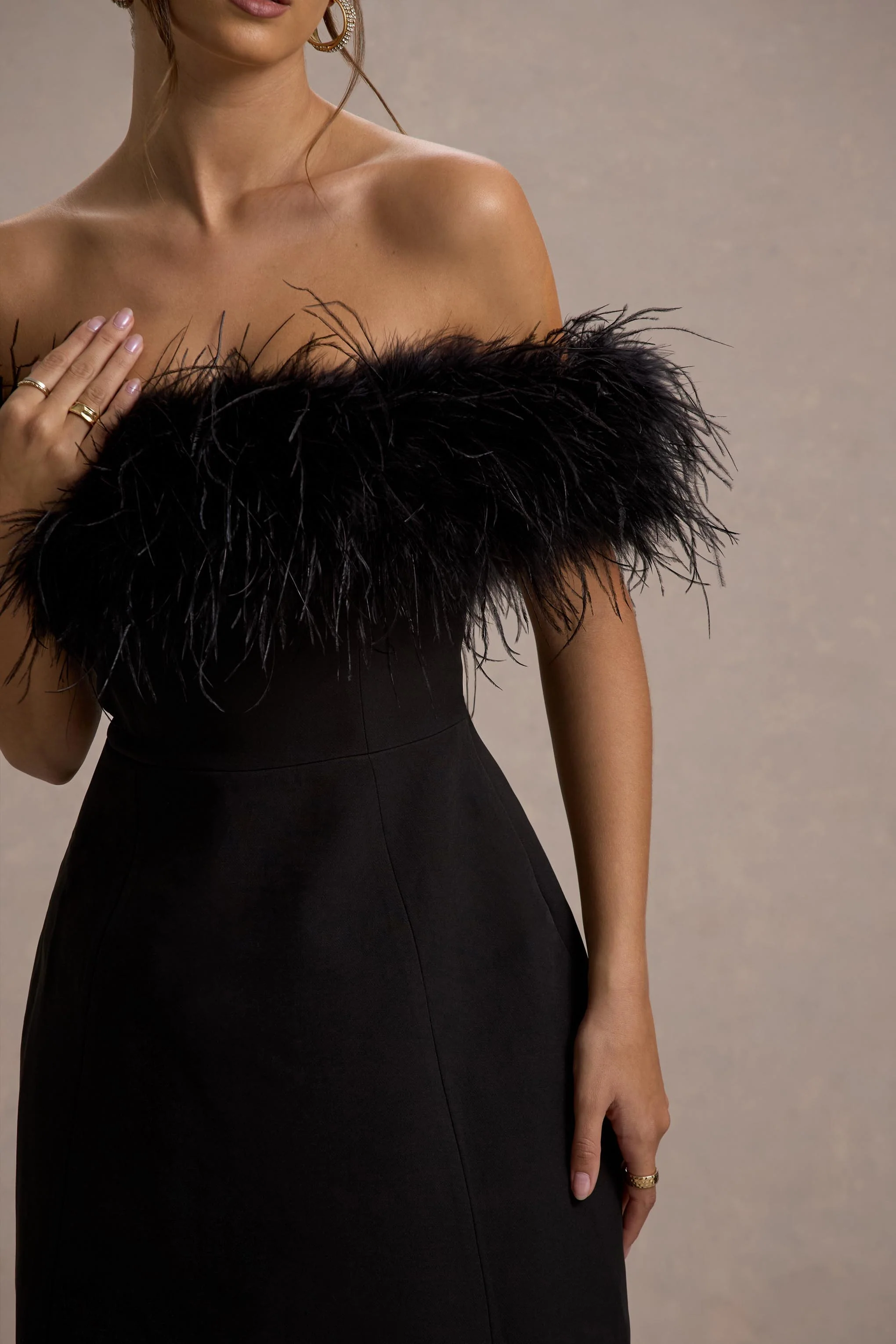 Palace | Black Bardot Mini Dress With Feather Trim - Image 7
