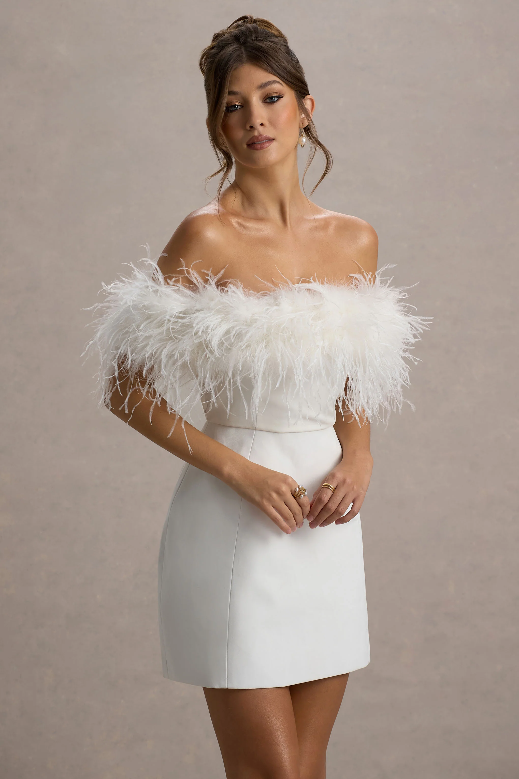 Palace | White Bardot Mini Dress With Feather Trim - Image 4