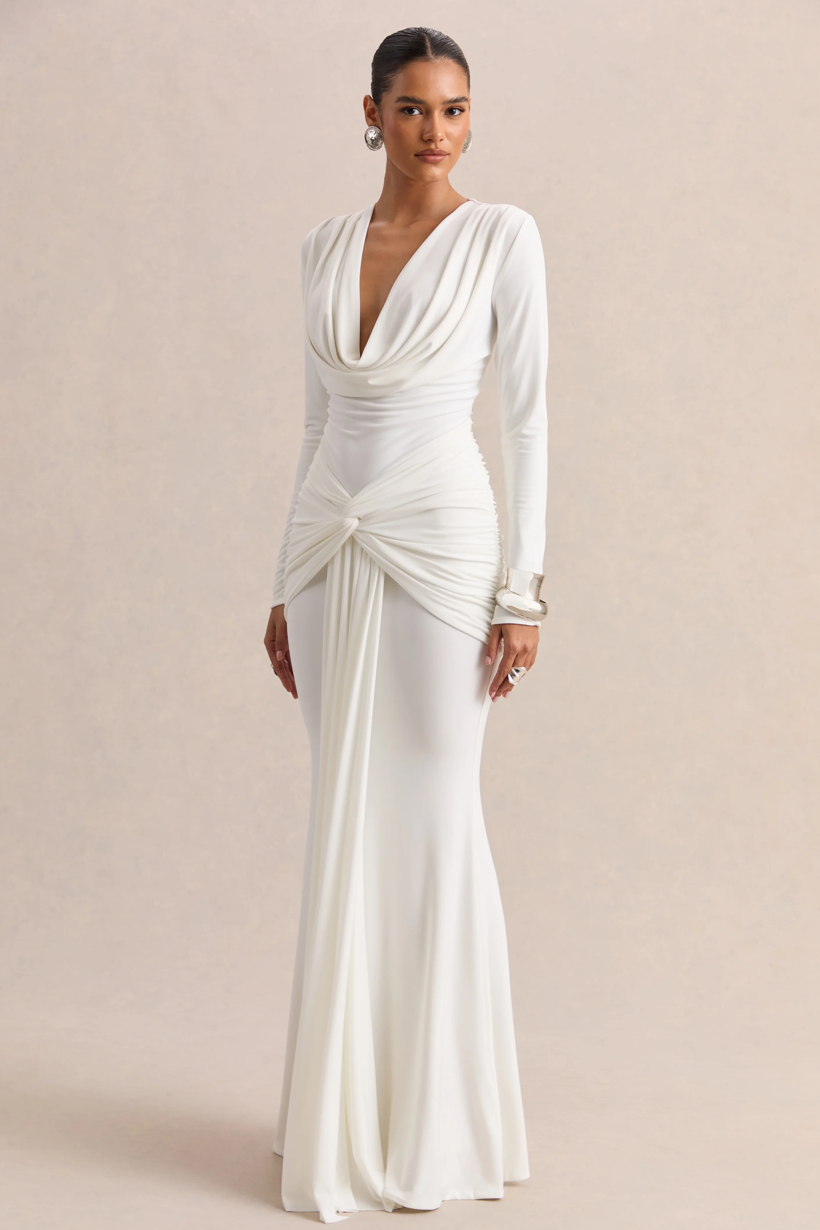Palerma | White Draped Cowl-Neck Maxi-Dress With Gathered-Detailing - Image 4