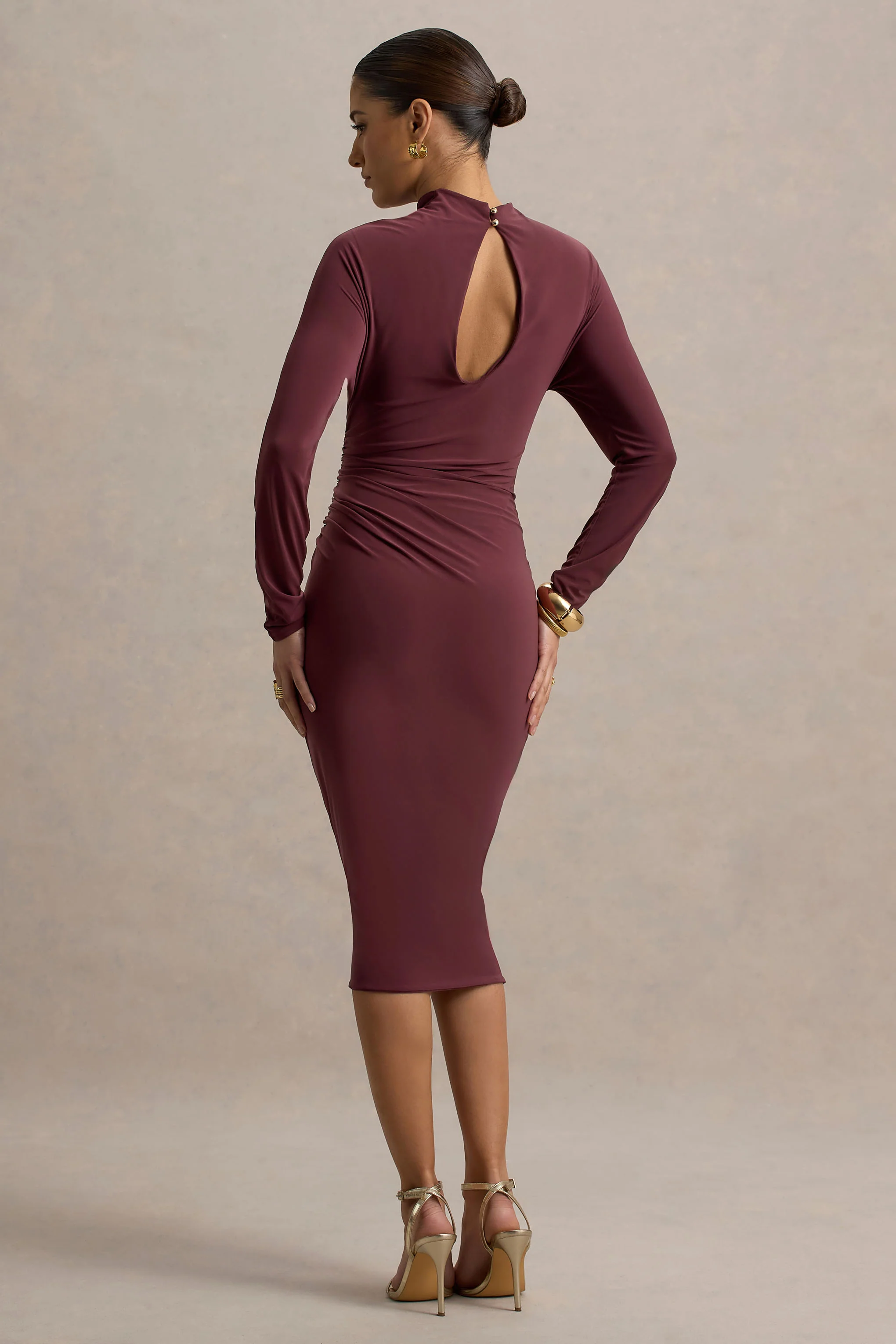Pandora | Burgundy Long-Sleeve Midi Dress With Cut-Out - Image 2