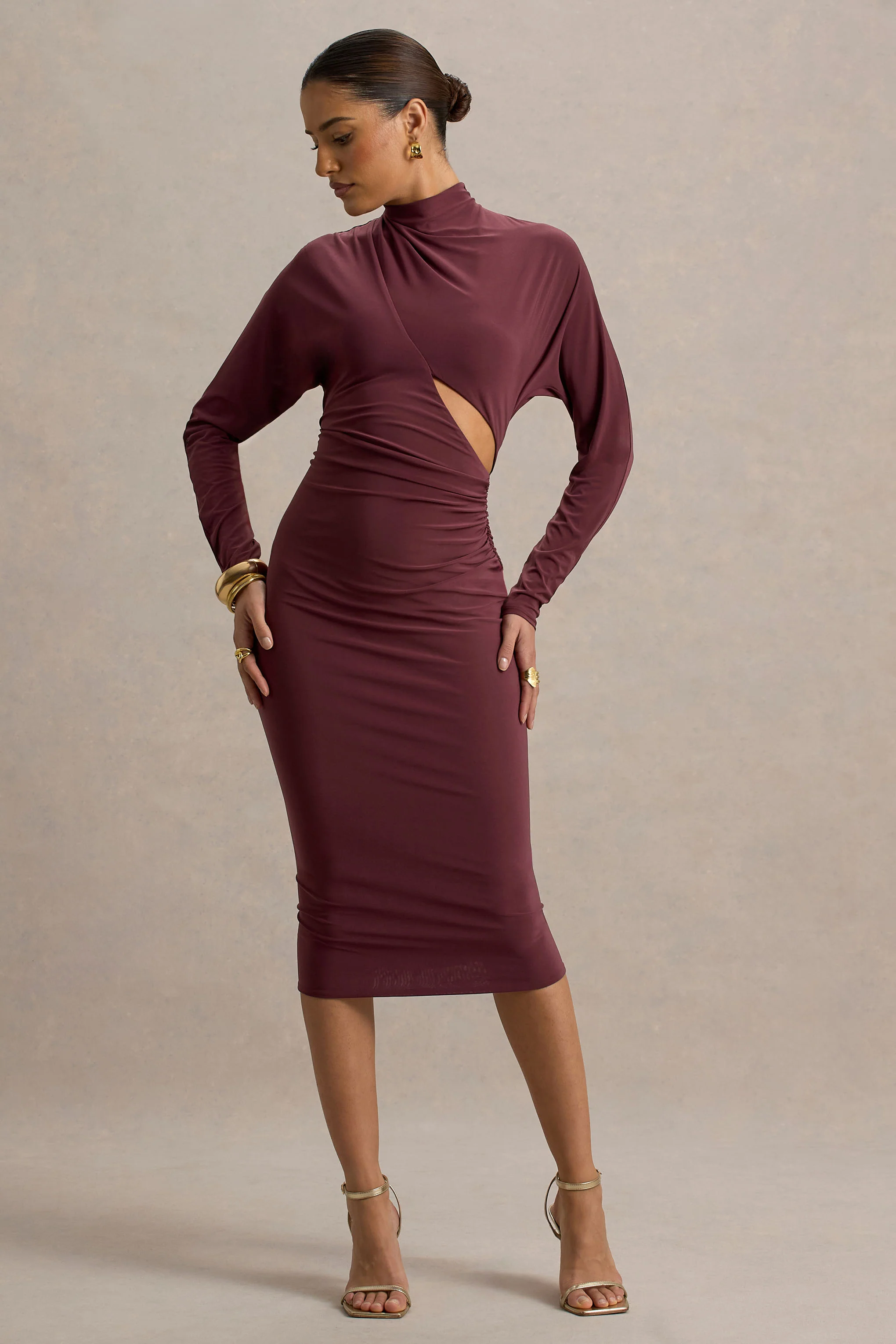Pandora | Burgundy Long-Sleeve Midi Dress With Cut-Out - Image 4