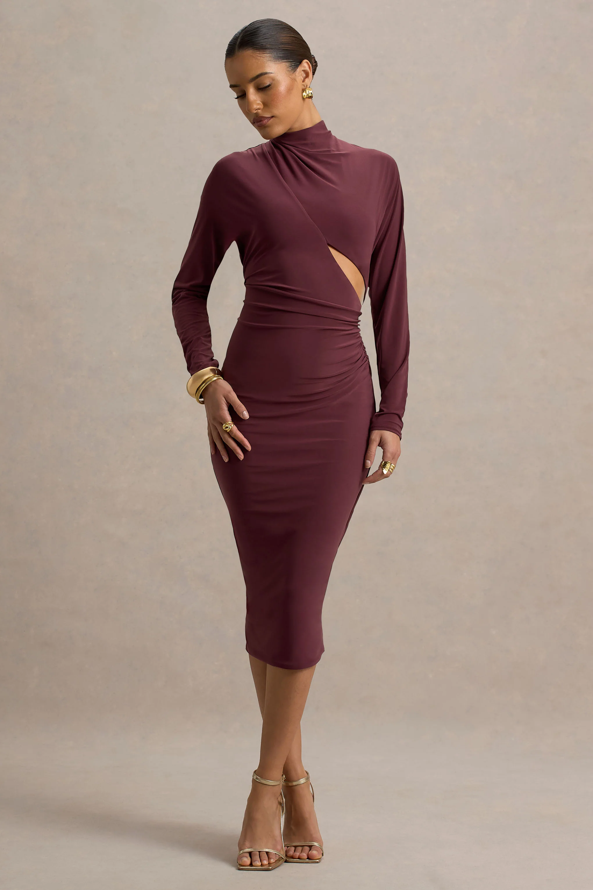 Pandora | Burgundy Long-Sleeve Midi Dress With Cut-Out - Image 5