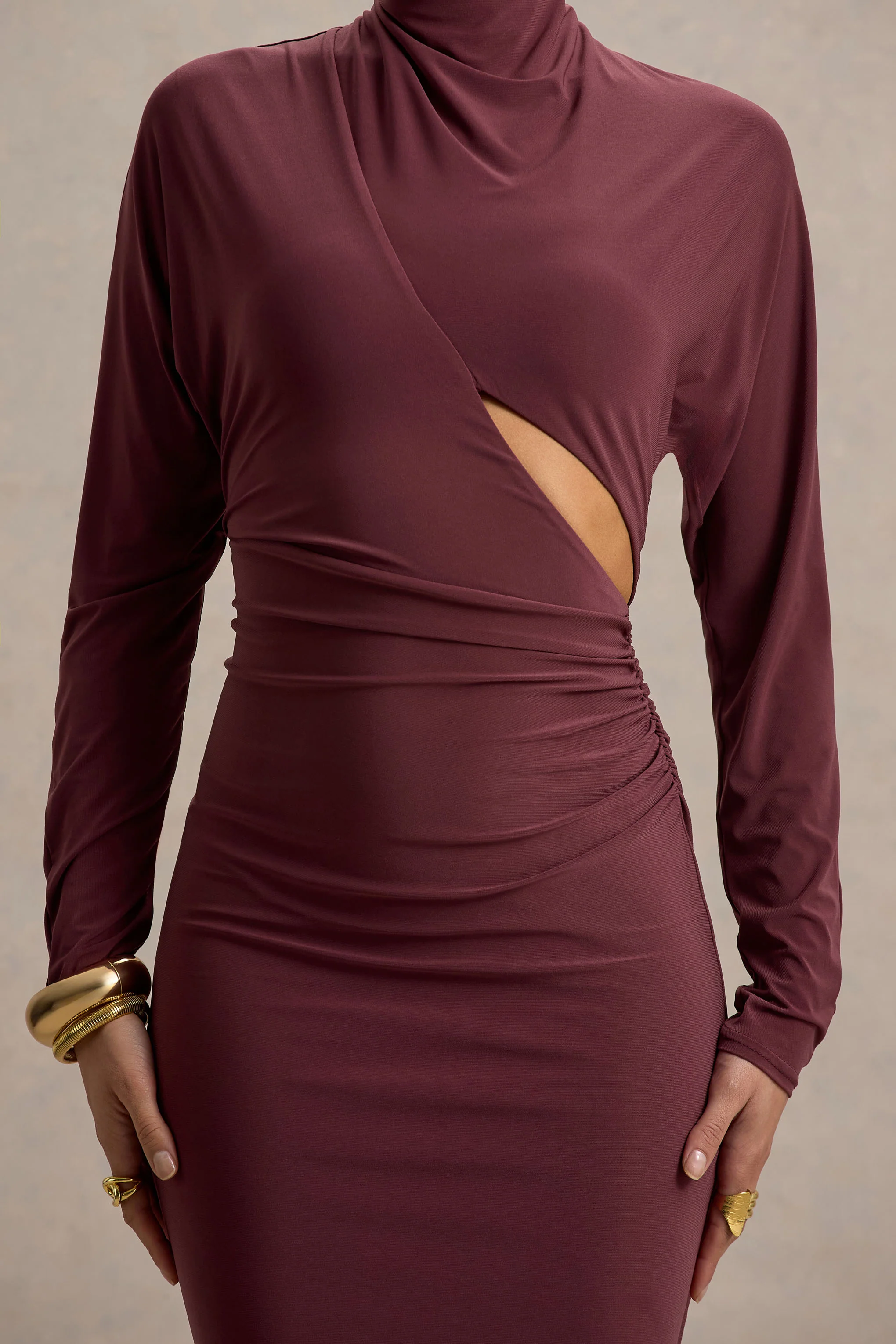 Pandora | Burgundy Long-Sleeve Midi Dress With Cut-Out - Image 6