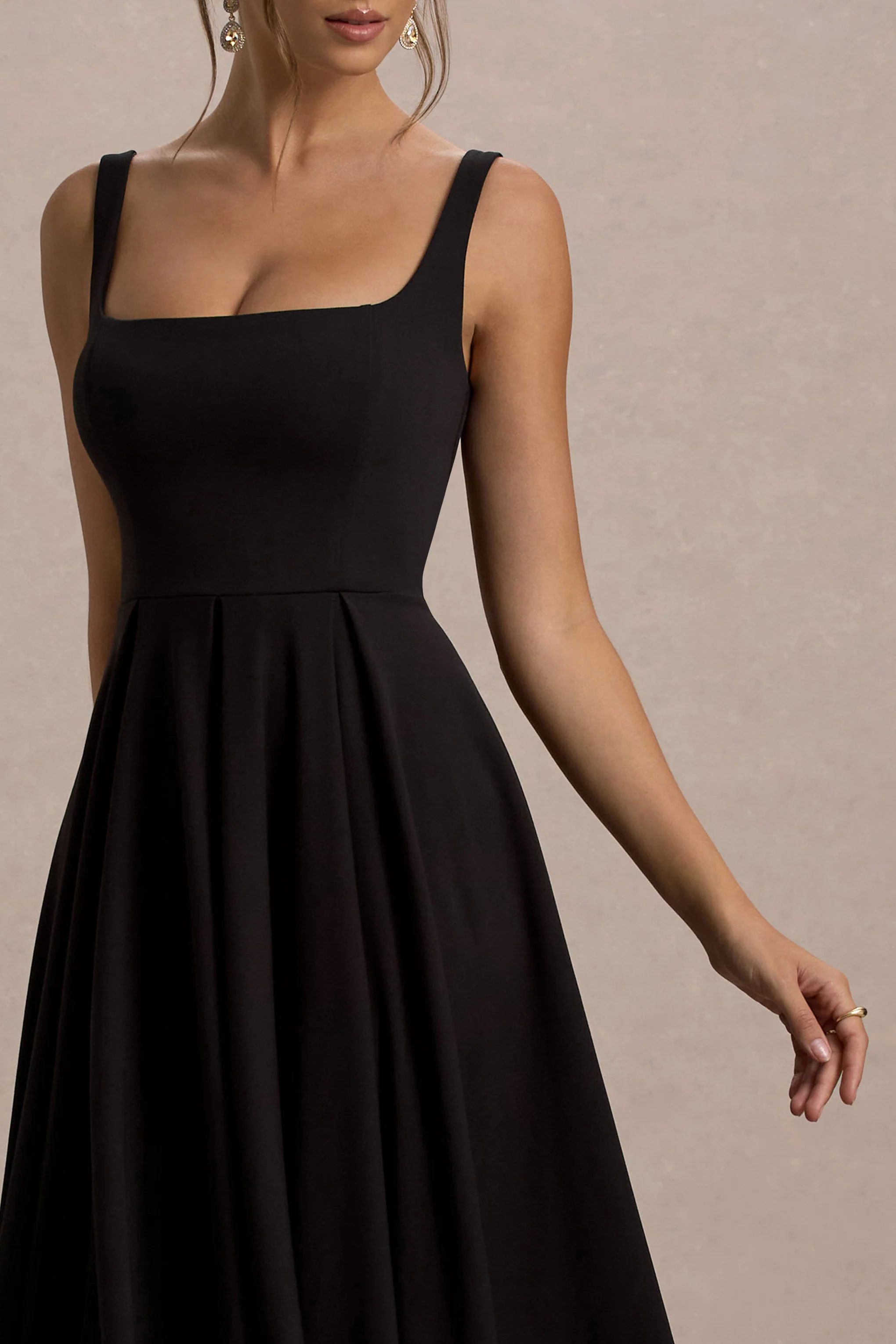 Parina | Black Strappy Volume-Hem Midi Dress - Image 3
