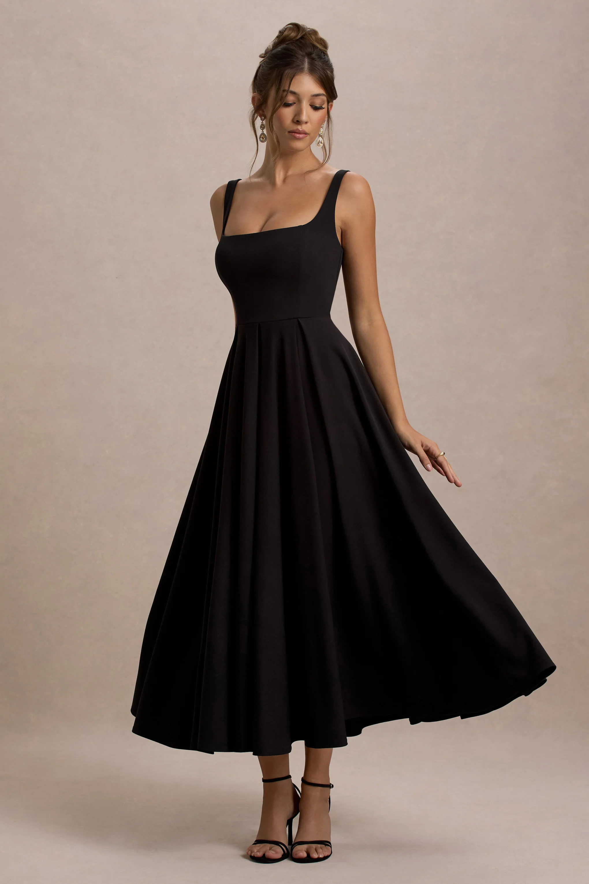 Parina | Black Strappy Volume-Hem Midi Dress - Image 5