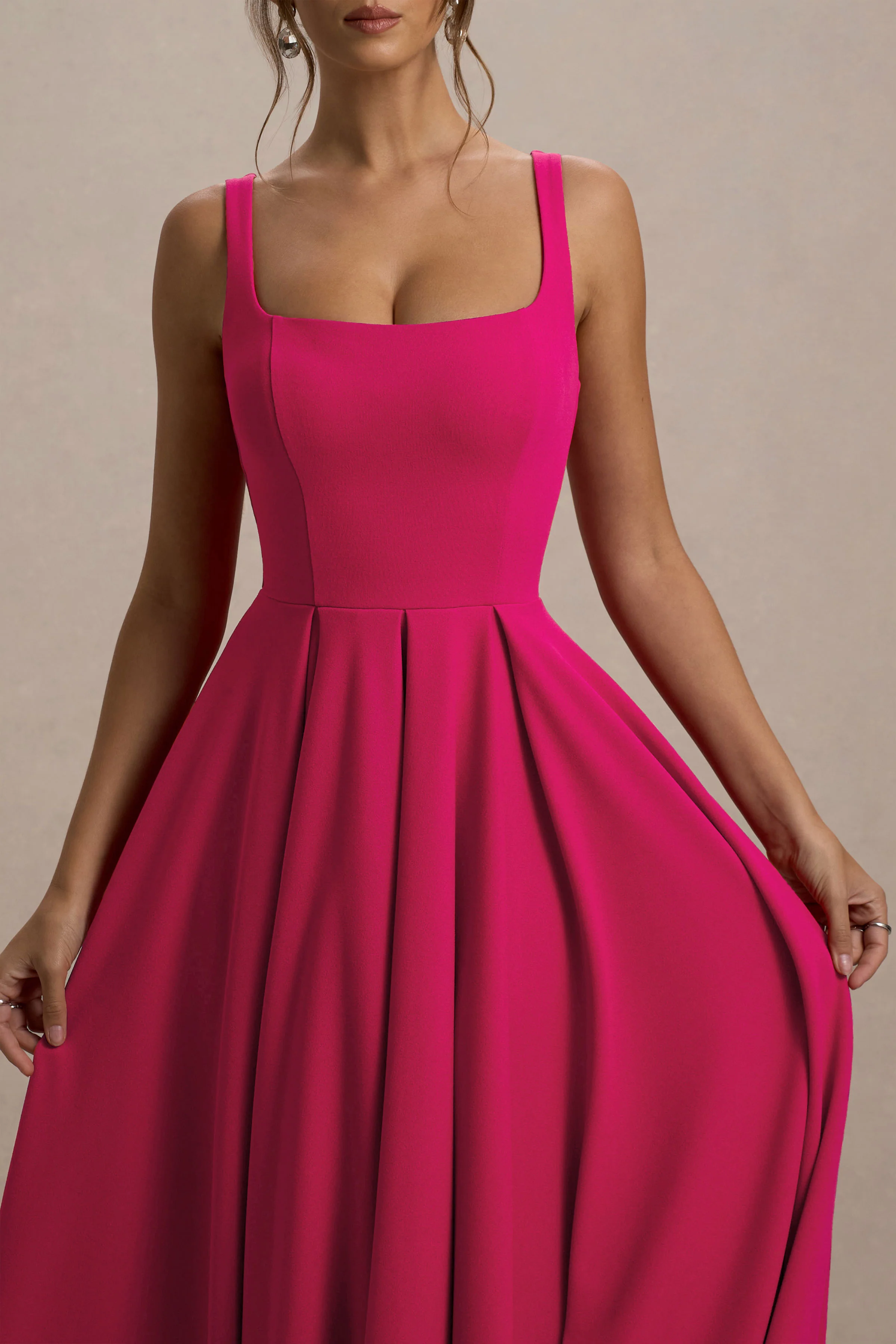 Parina | Hot Pink Strappy Volume-Hem Midi Dress - Image 3