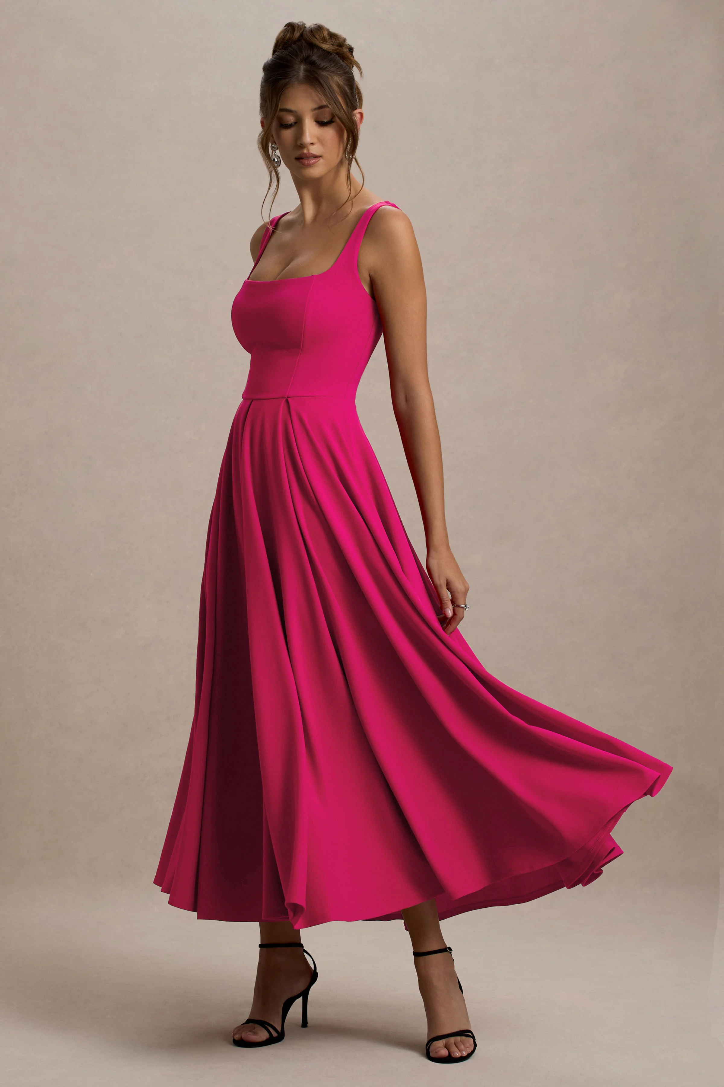 Parina | Hot Pink Strappy Volume-Hem Midi Dress - Image 4