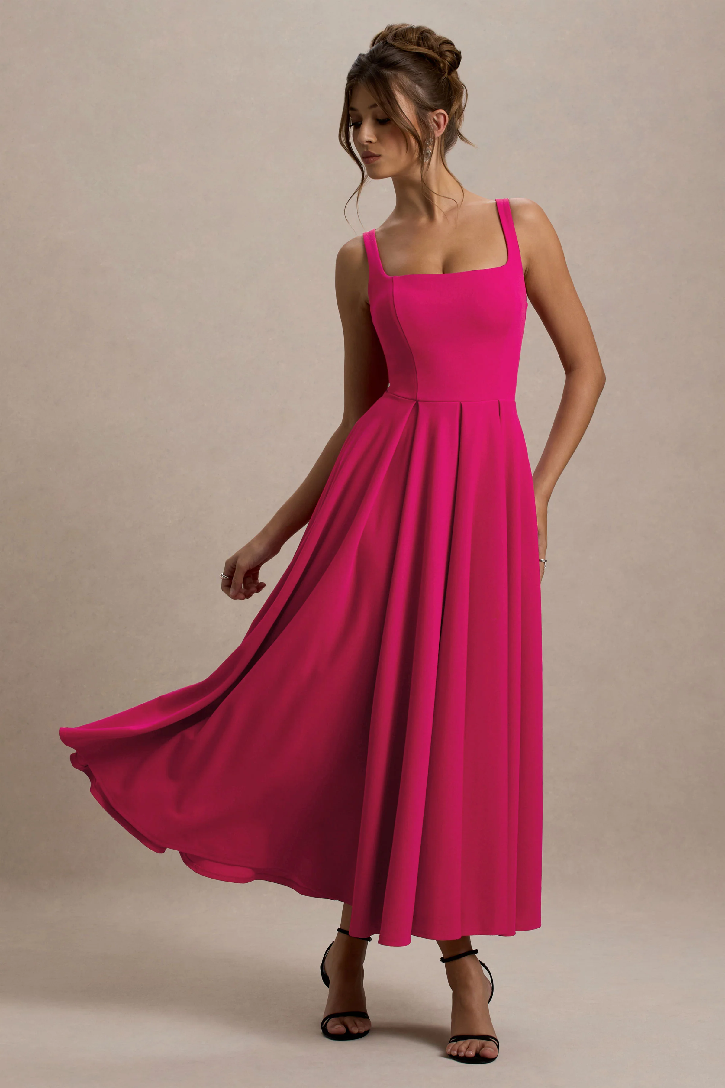 Parina | Hot Pink Strappy Volume-Hem Midi Dress - Image 5