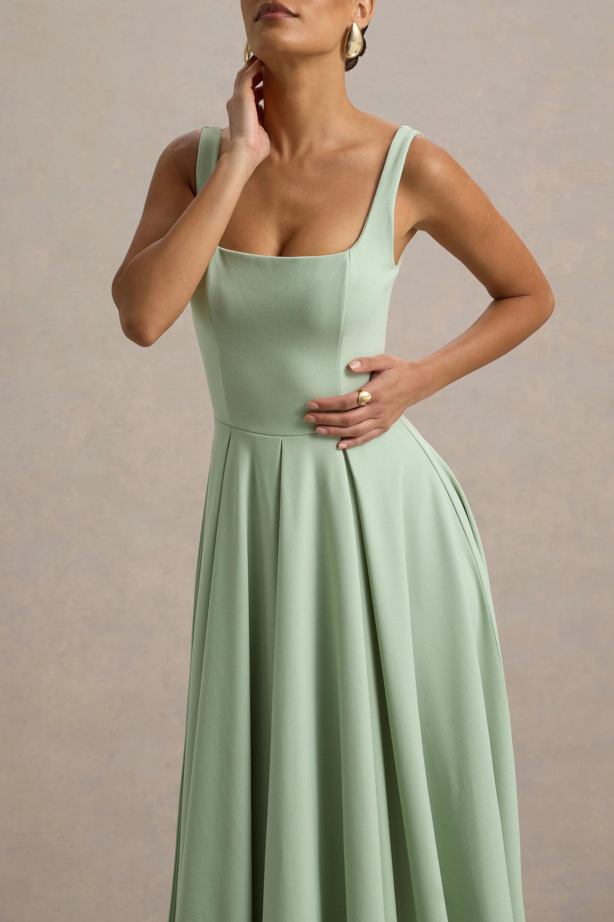 Parina | Light Green Strappy Volume-Hem Midi Dress - Image 3
