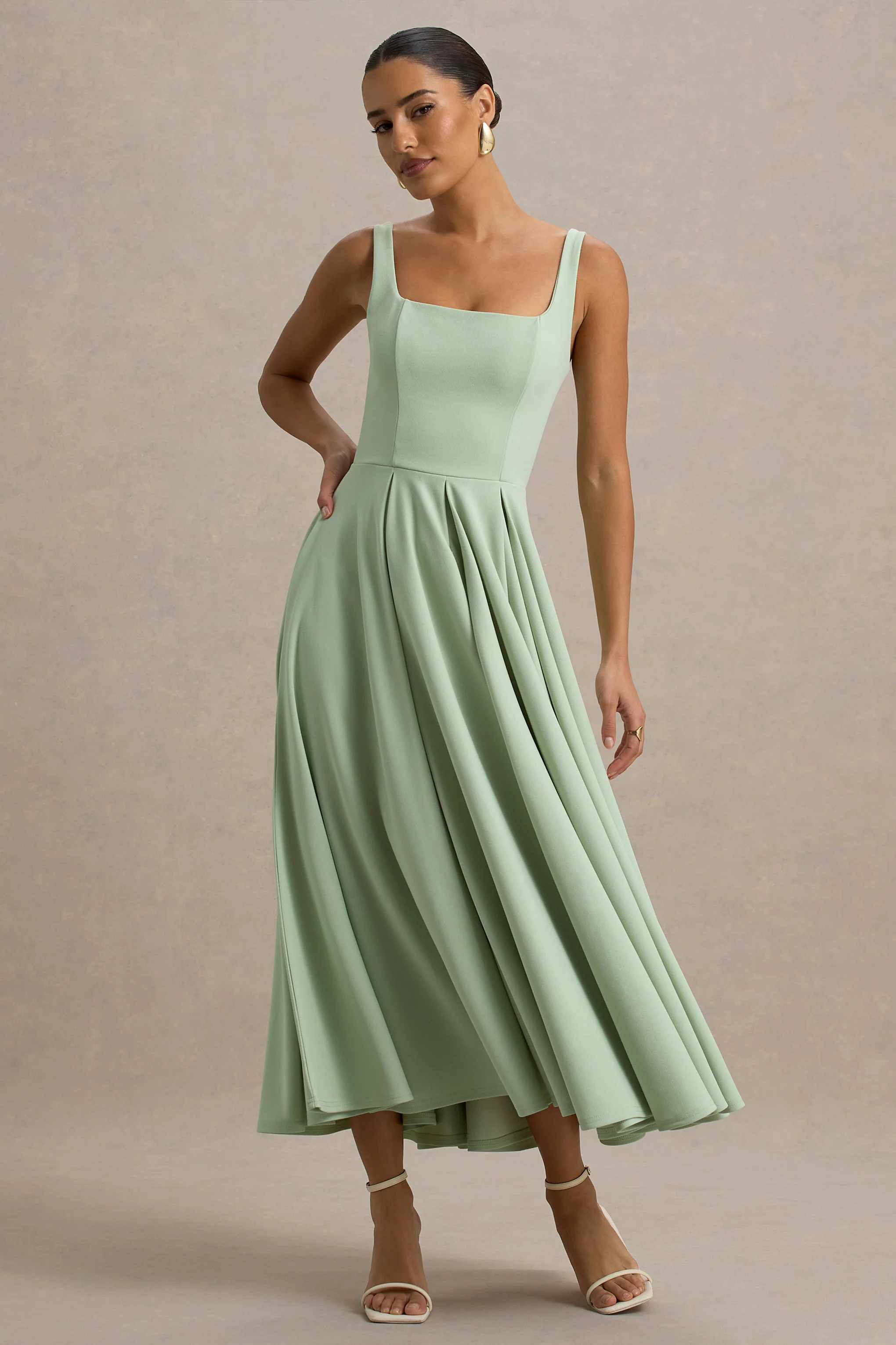 Parina | Light Green Strappy Volume-Hem Midi Dress - Image 4