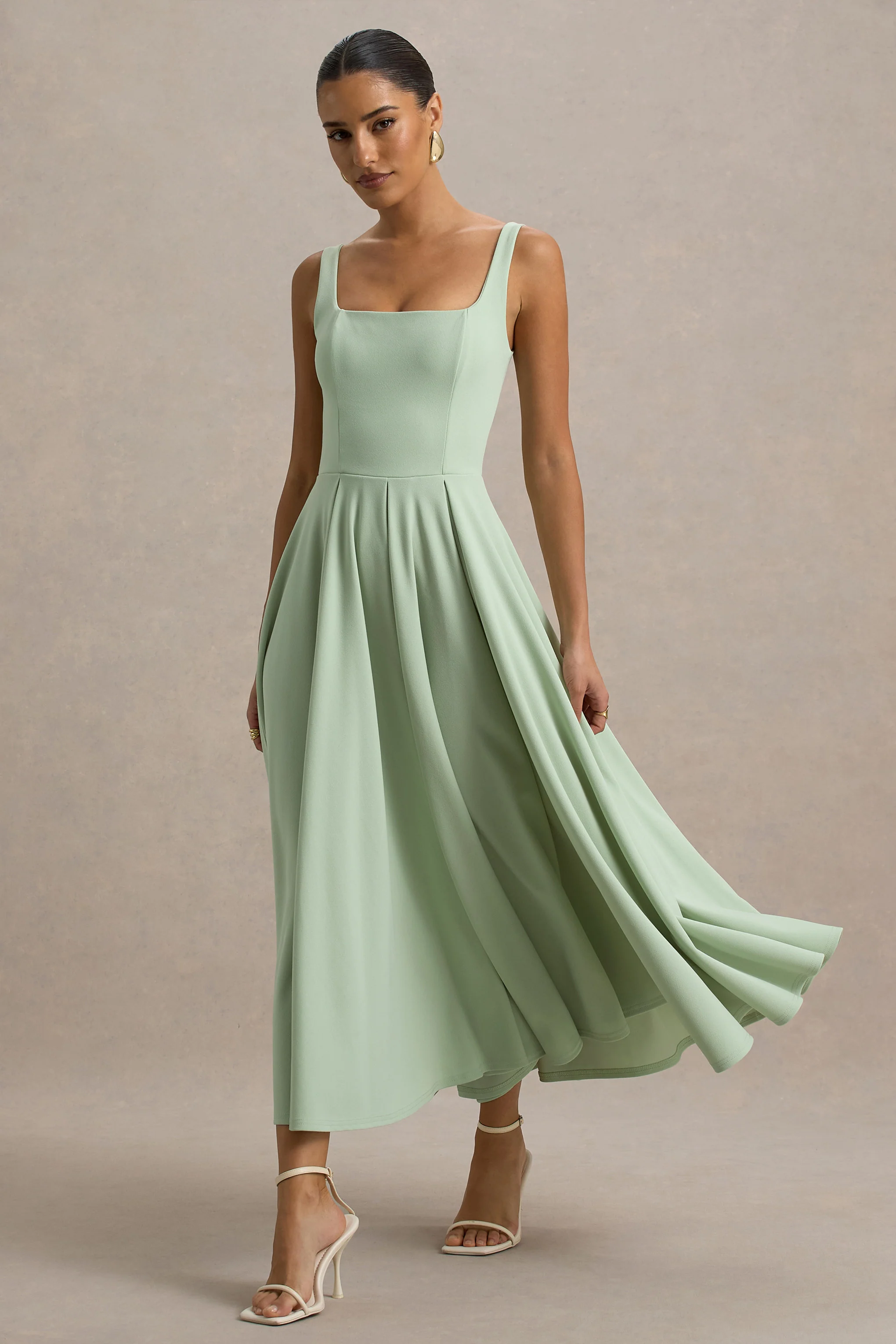 Parina | Light Green Strappy Volume-Hem Midi Dress - Image 5