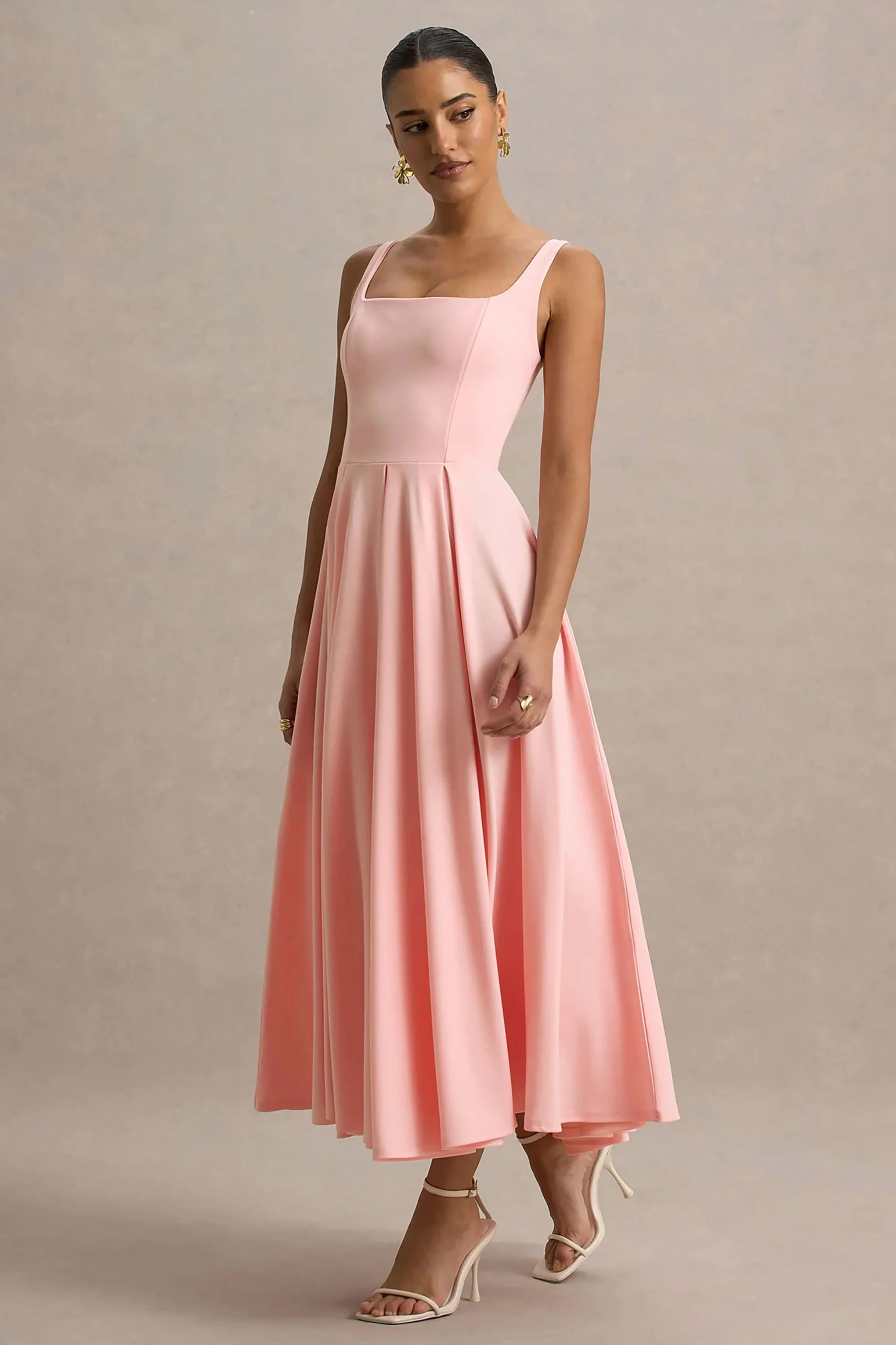 Parina | Pink Strappy Volume-Hem Midi Dress - Image 5