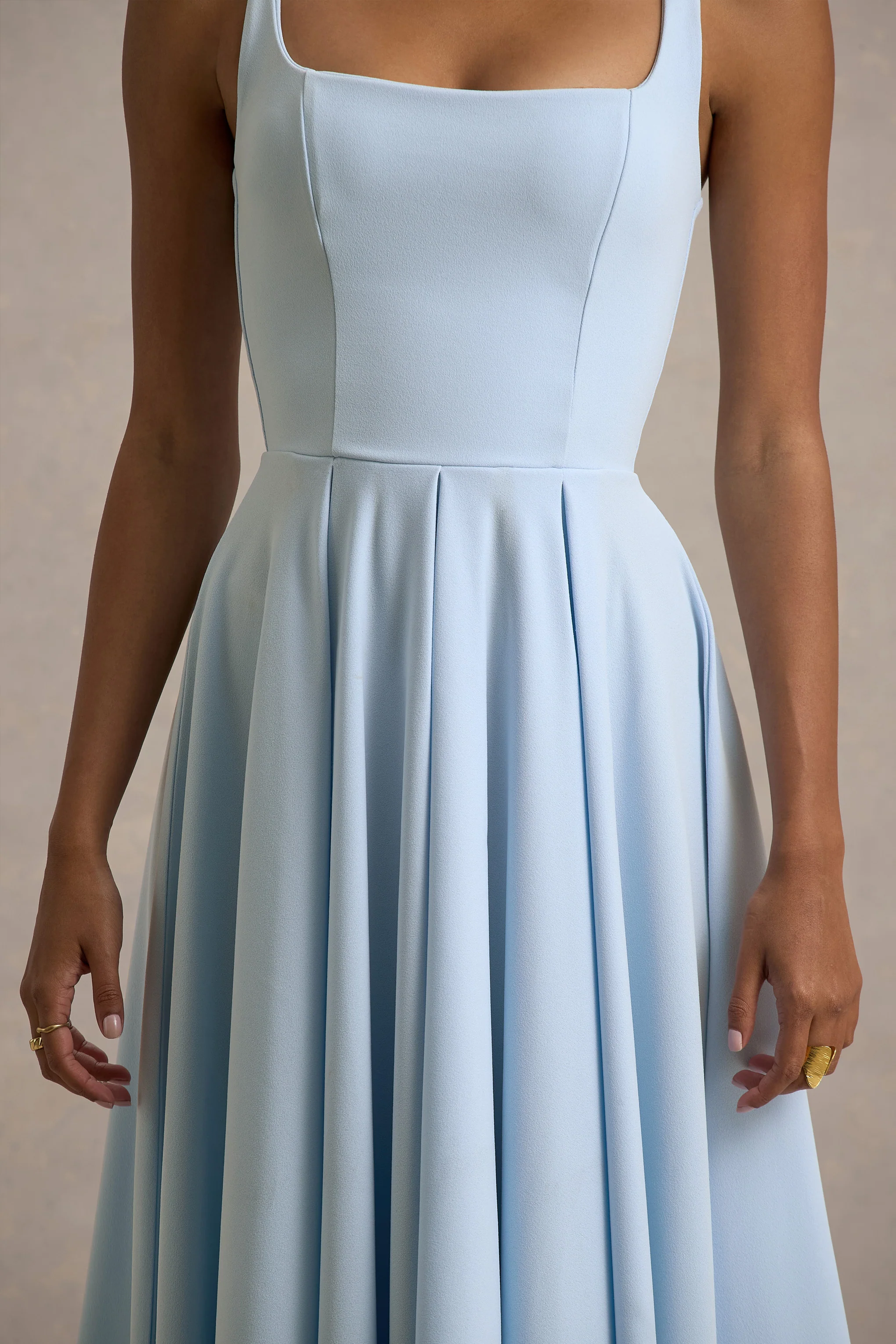 Parina | Powder Blue Strappy Volume-Hem Midi Dress - Image 6