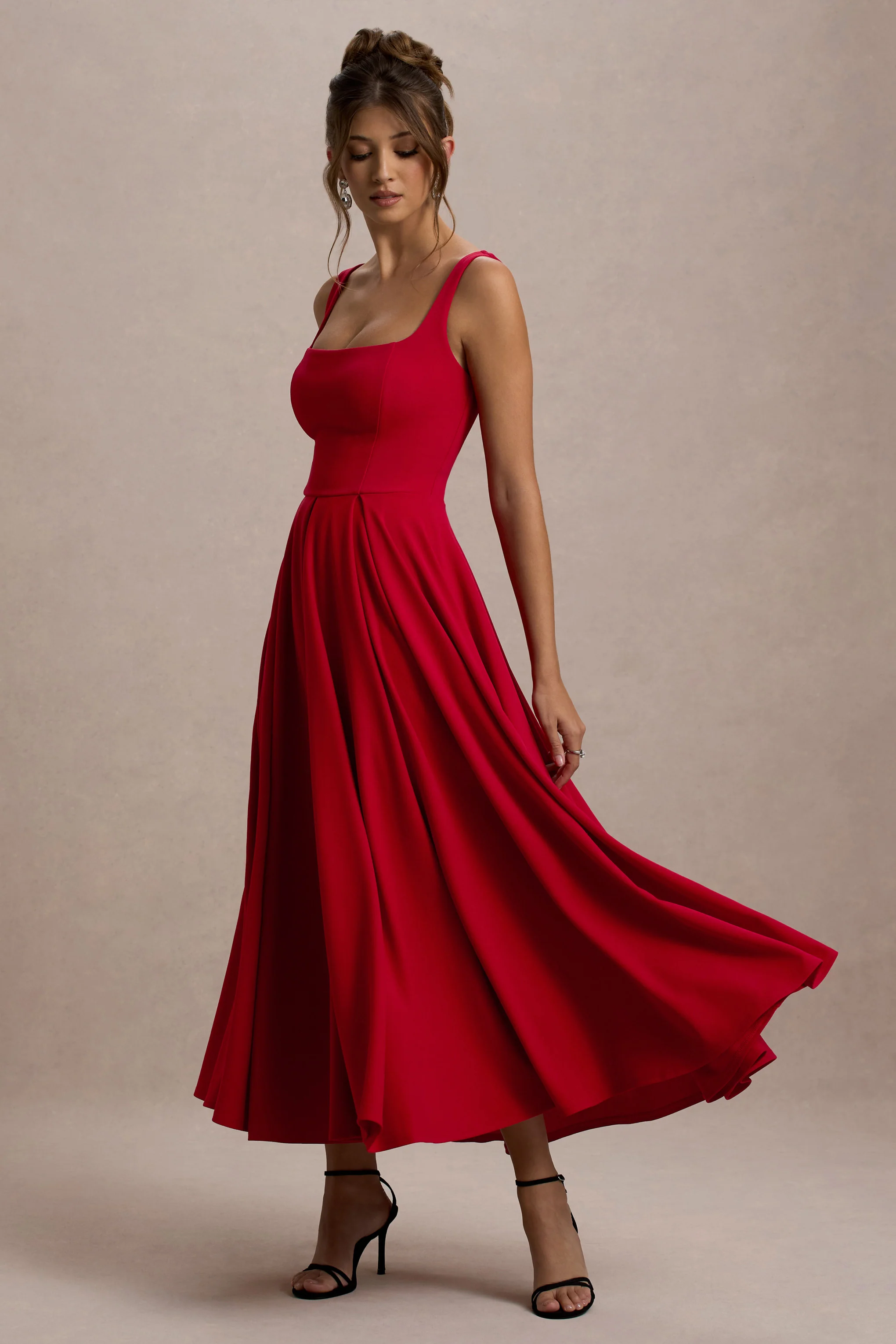 Parina | Red Strappy Volume-Hem Midi Dress - Image 4