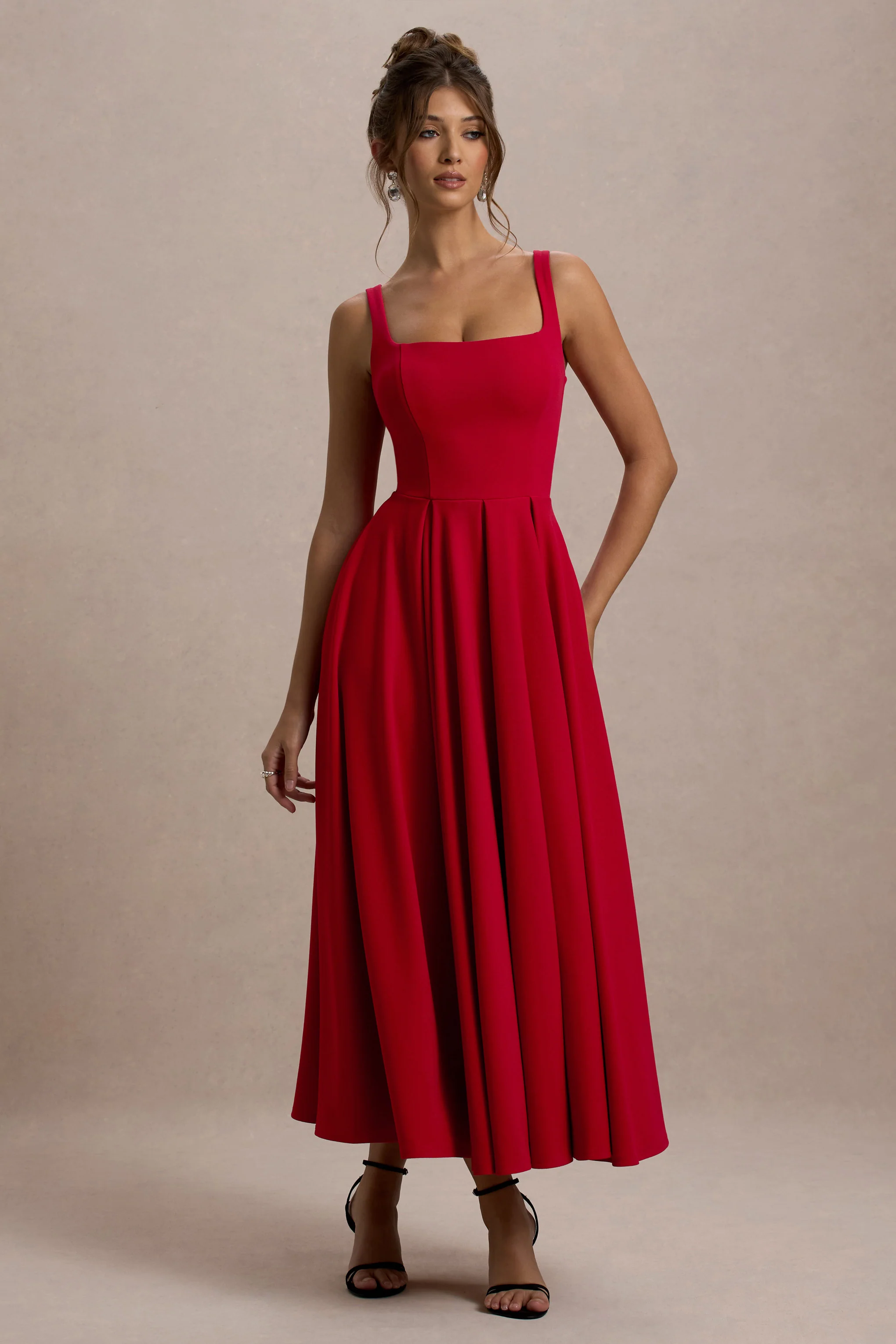 Parina | Red Strappy Volume-Hem Midi Dress - Image 5