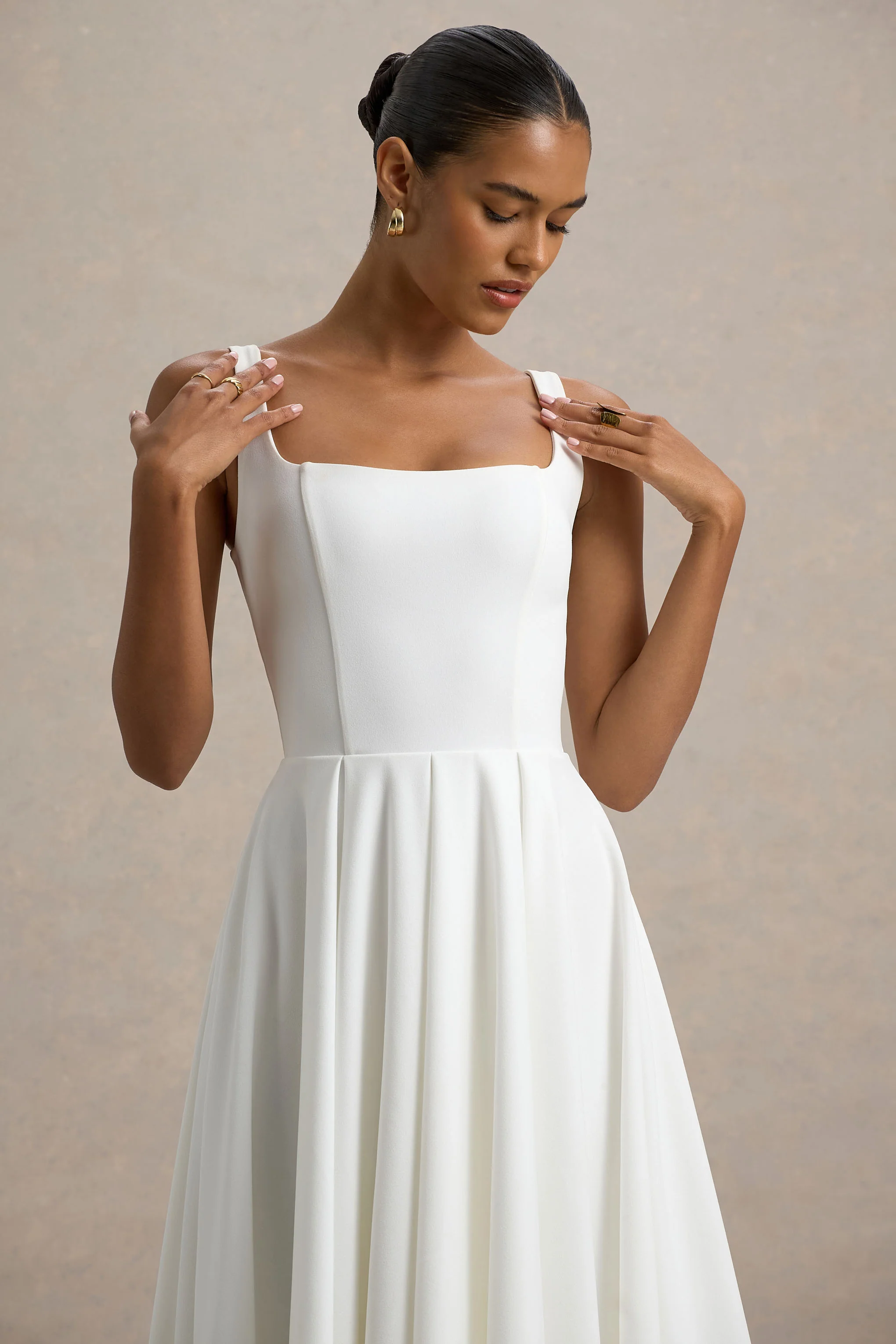 Parina | White Strappy Volume-Hem Midi Dress - Image 3