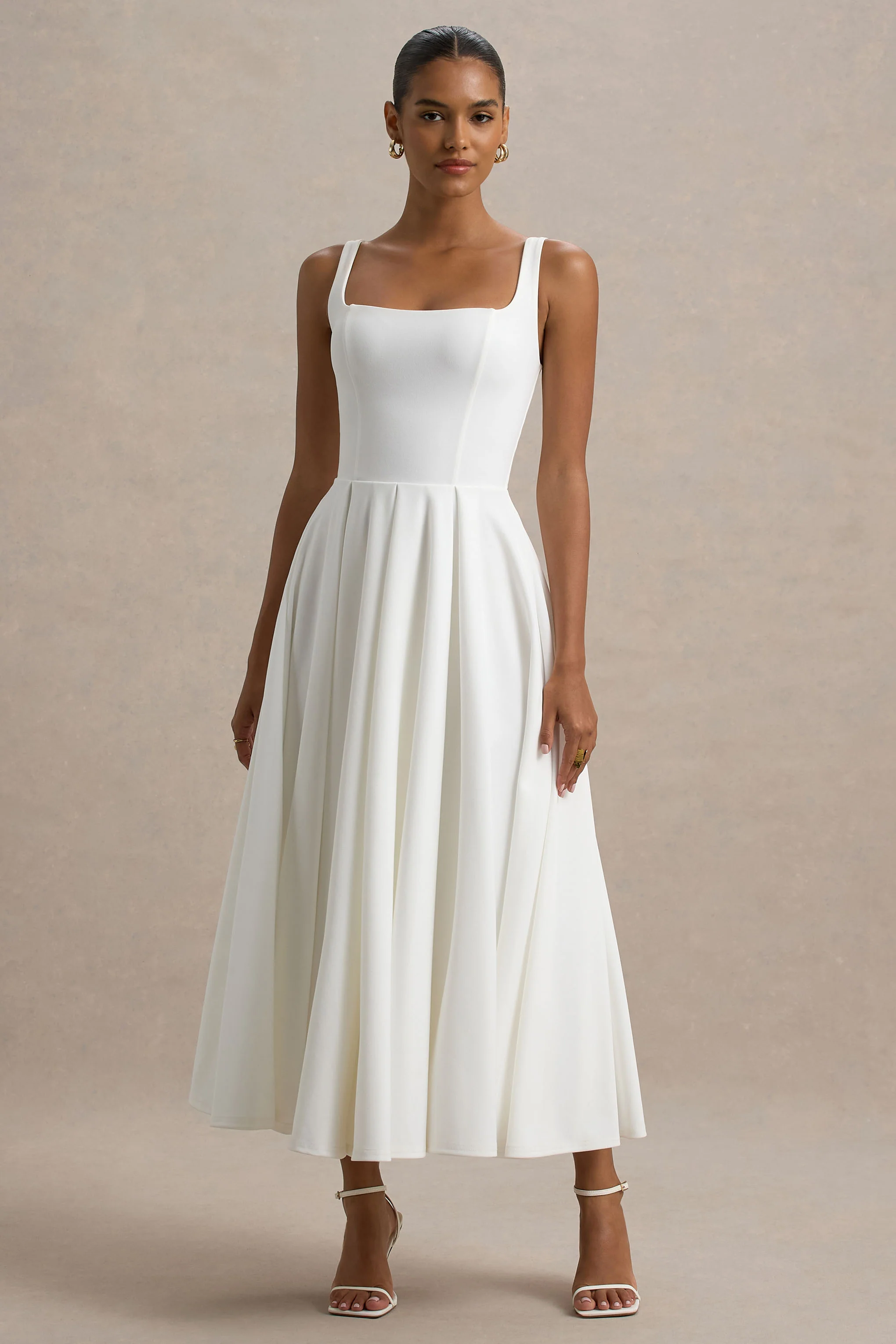 Parina | White Strappy Volume-Hem Midi Dress - Image 5