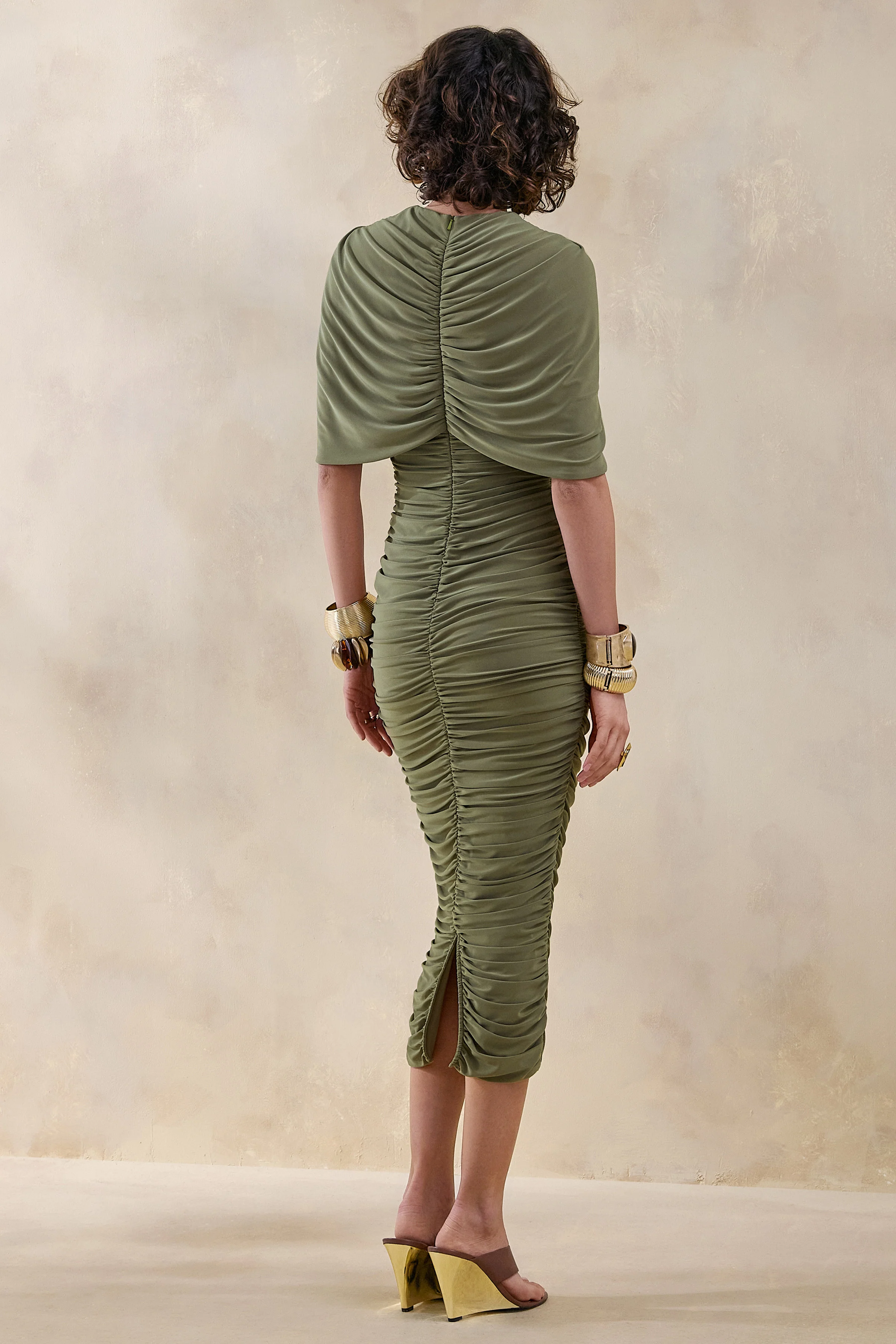 Parisia | Olive Round-Neck Midi Dress With Cape-Detail - Image 2