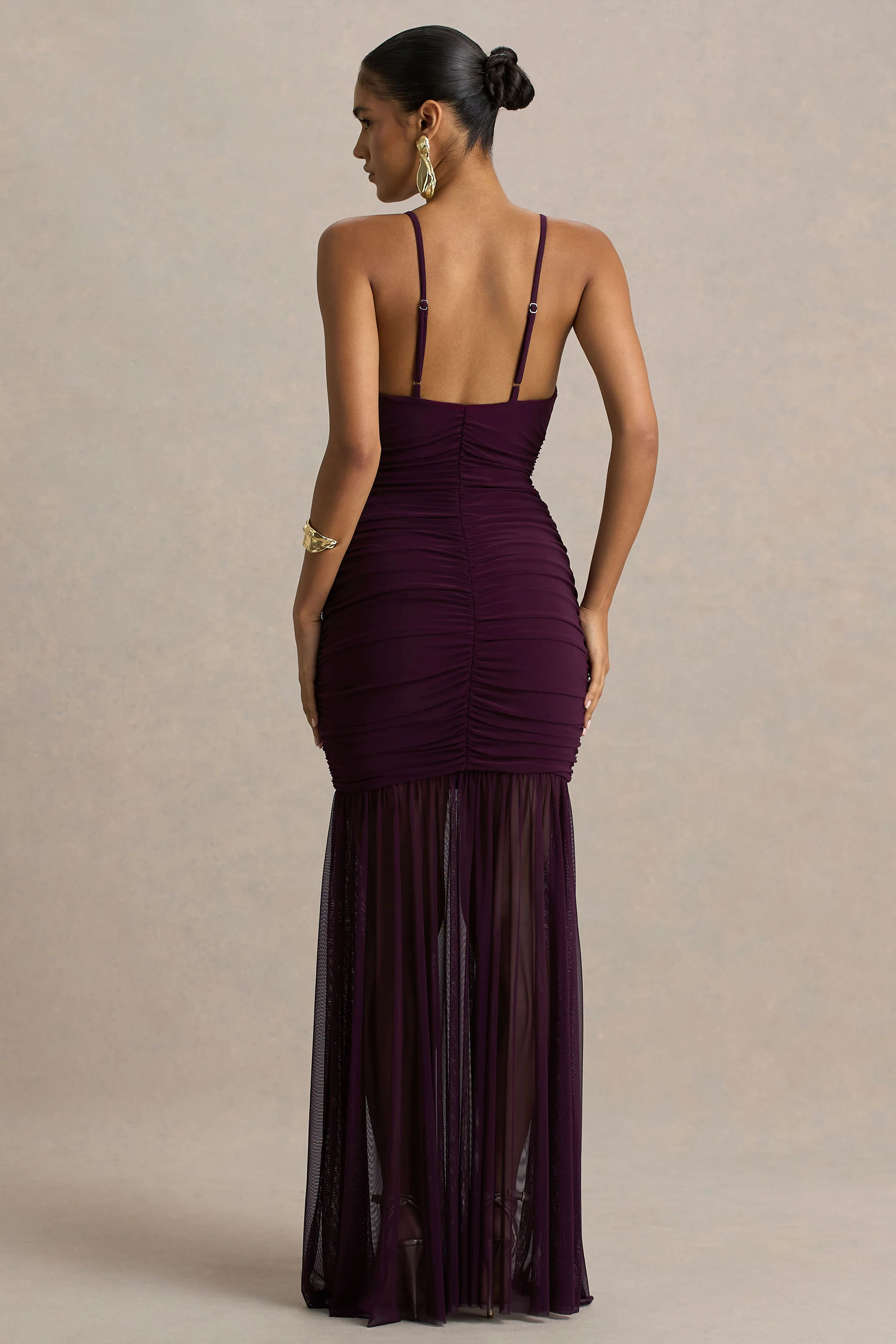 Pasqualina | Plum Ruched Plunge-Neck Maxi Dress - Image 2