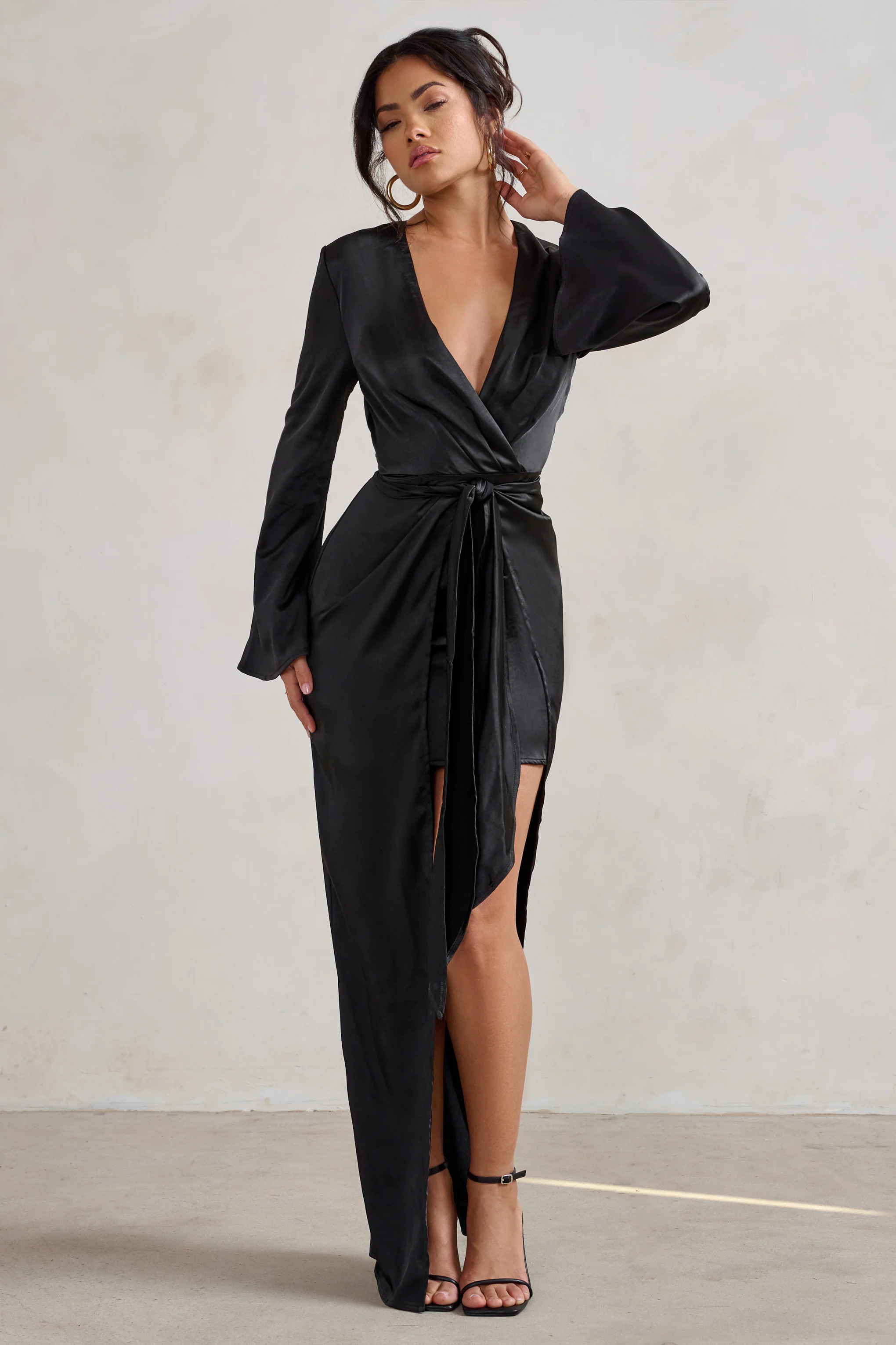 Patricia | Black Extreme Plunge Long Sleeve Maxi Dress With Tie Detail