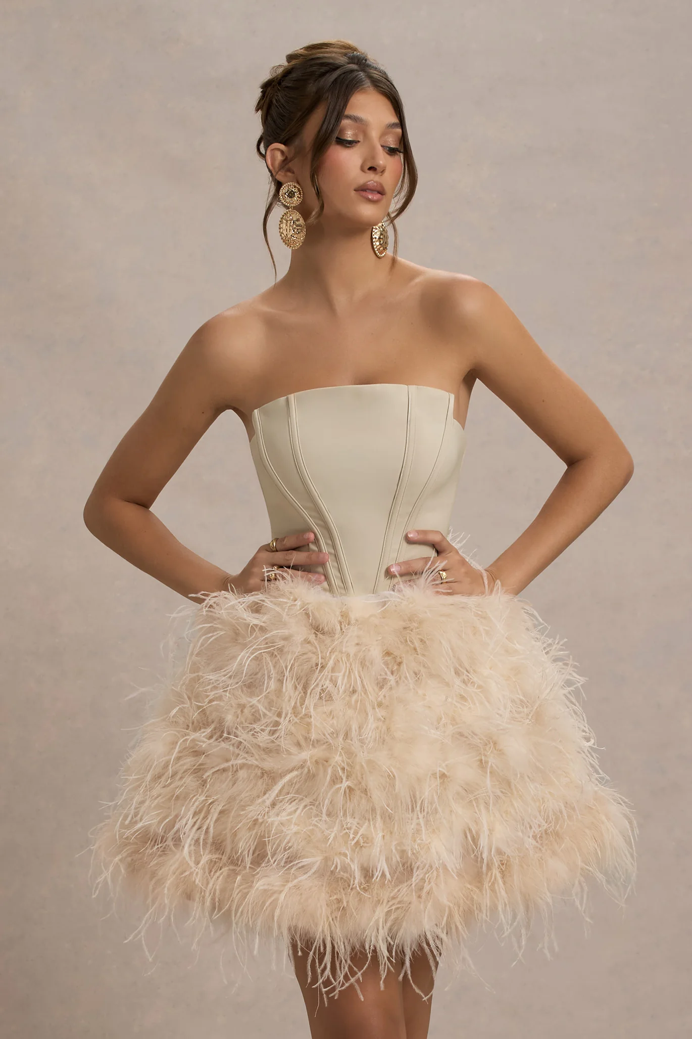 Peaches | Champagne Strapless Mini Dress With Volume Feather Hem - Image 4