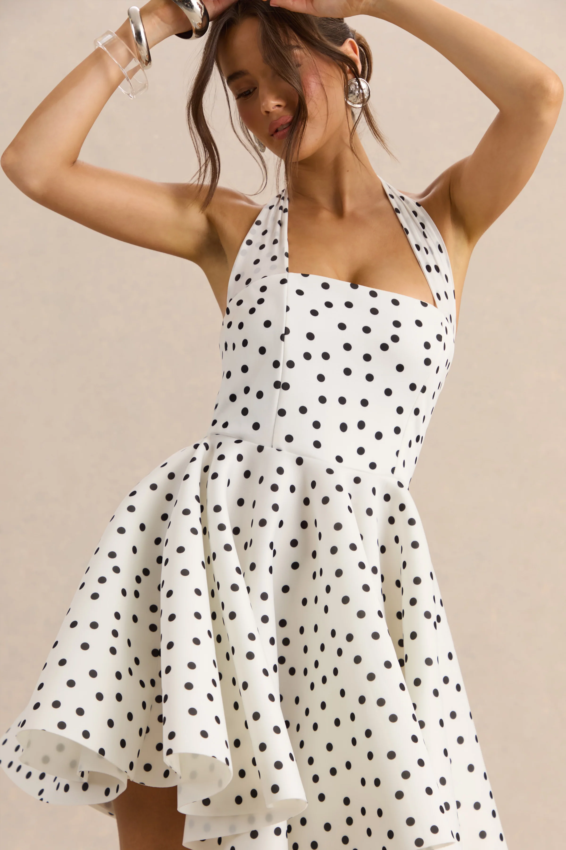 Peggy | White & Black Polka Dot Halter-Neck Skater Mini Dress - Image 3