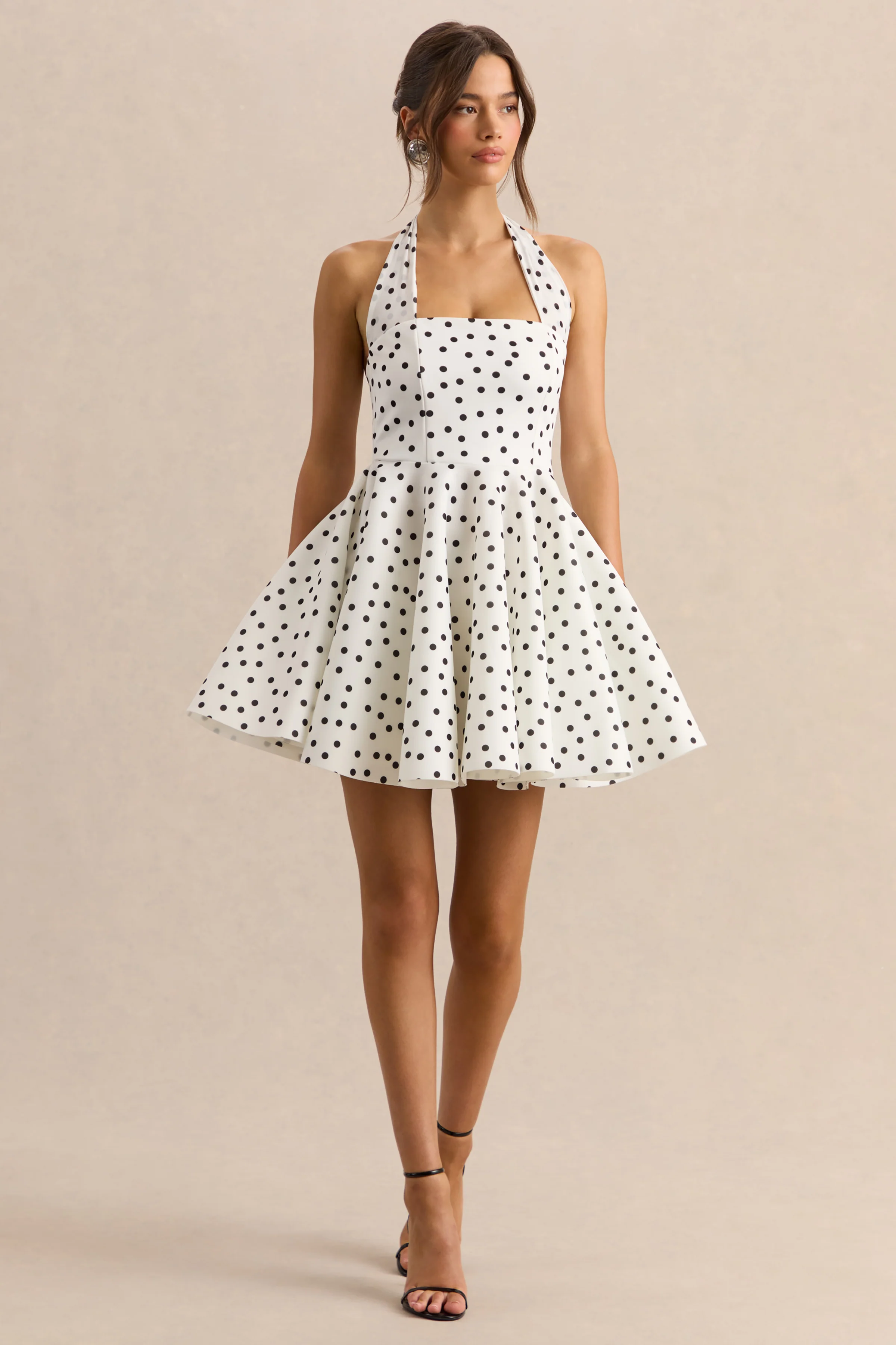 Peggy | White & Black Polka Dot Halter-Neck Skater Mini Dress - Image 4