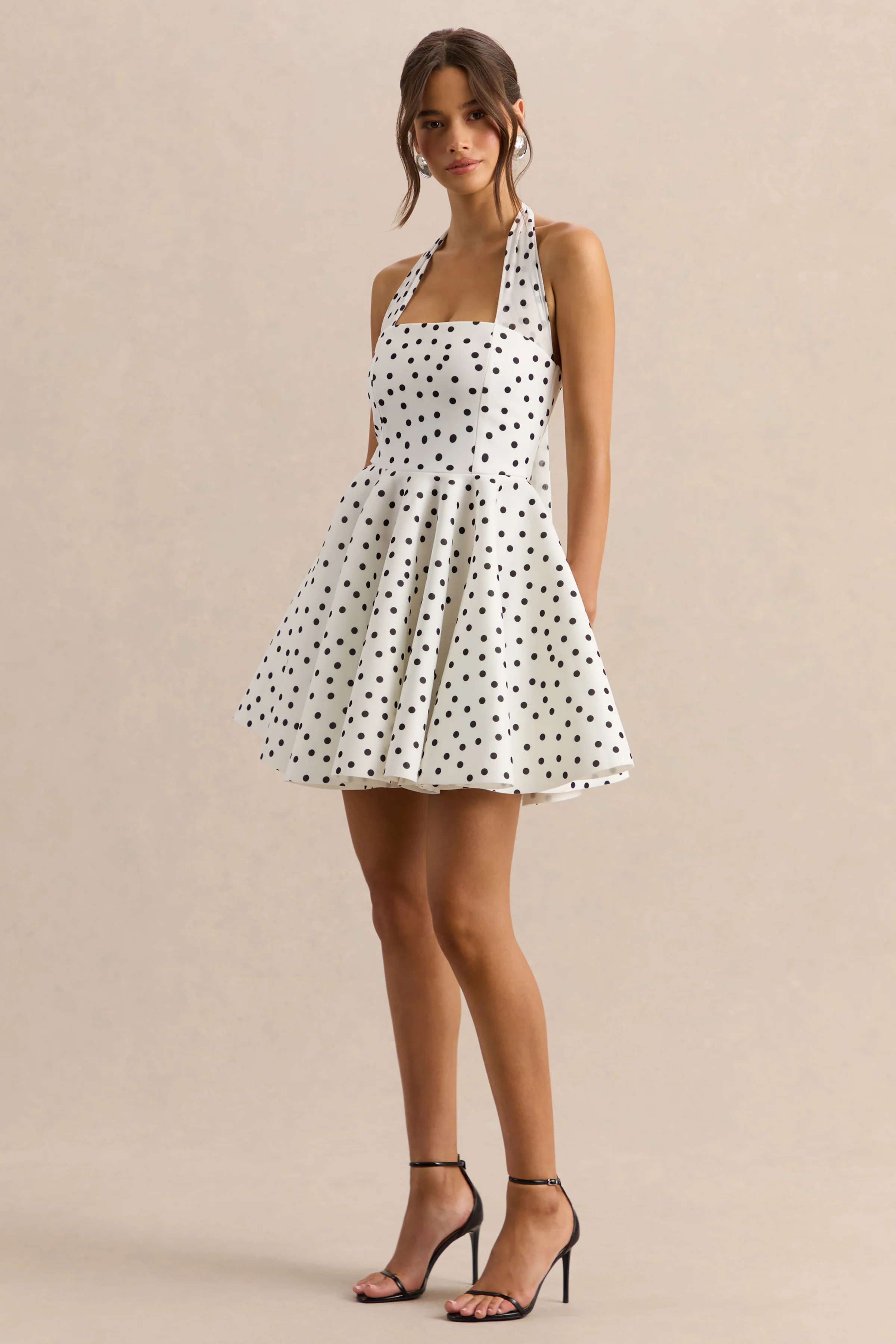 Peggy | White & Black Polka Dot Halter-Neck Skater Mini Dress - Image 6