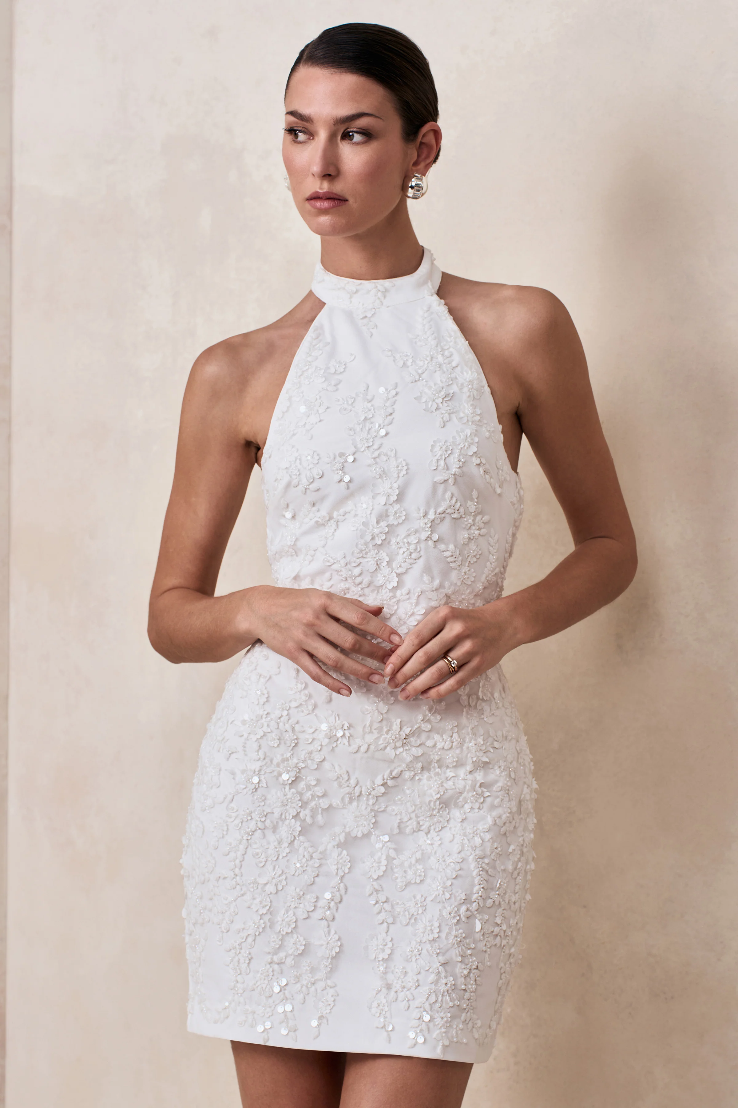 Penelope | White Embellished High Neck Mini Dress - Image 3